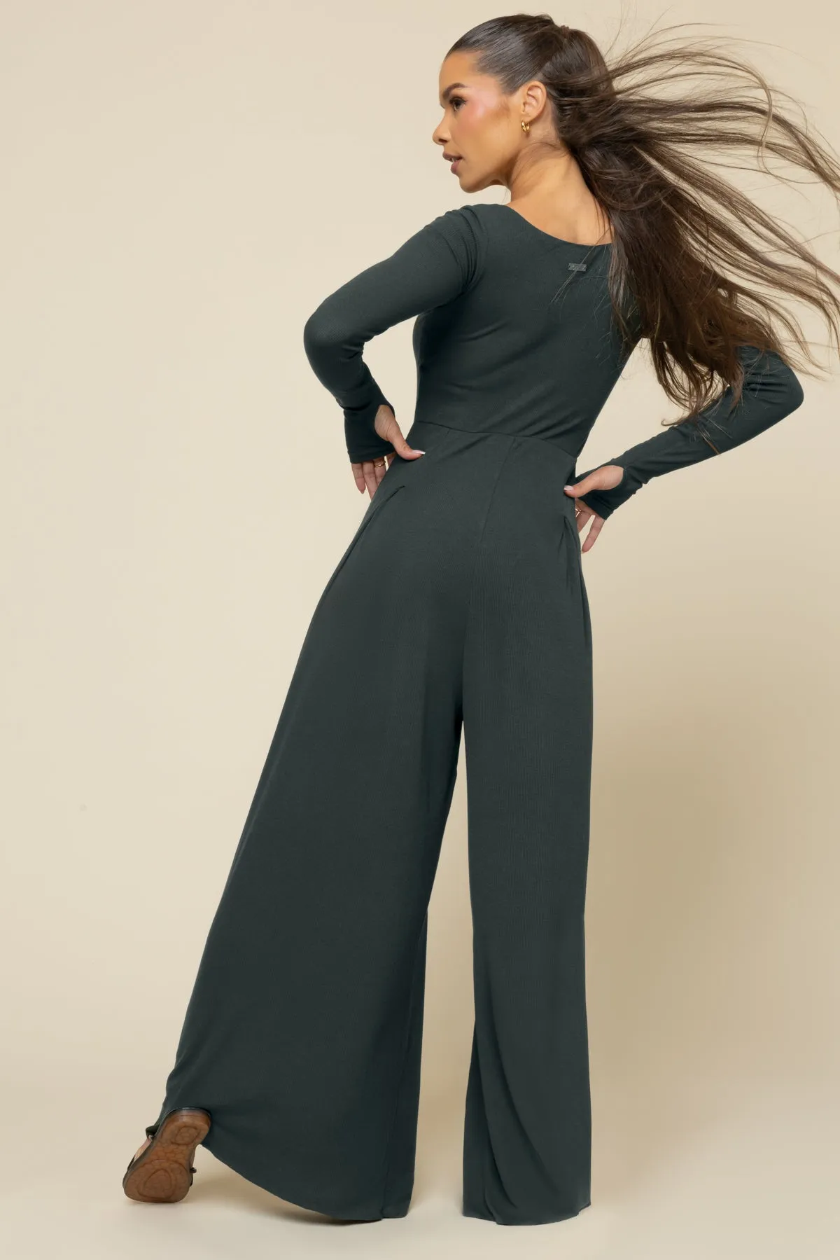 Go With The Flow Long Sleeve Jumpsuit - Deep Forest sold by POPFLEX