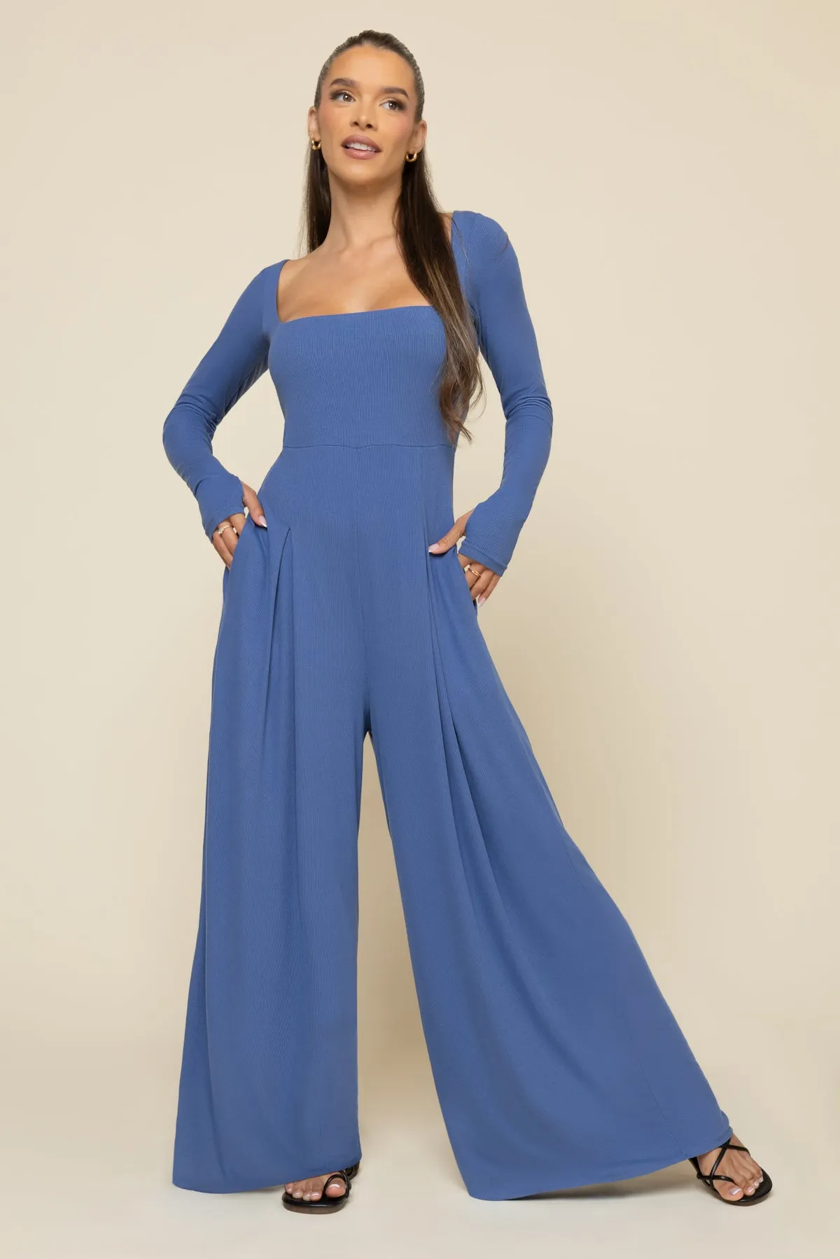 Go With The Flow Long Sleeve Jumpsuit - Blue Horizon sold by POPFLEX