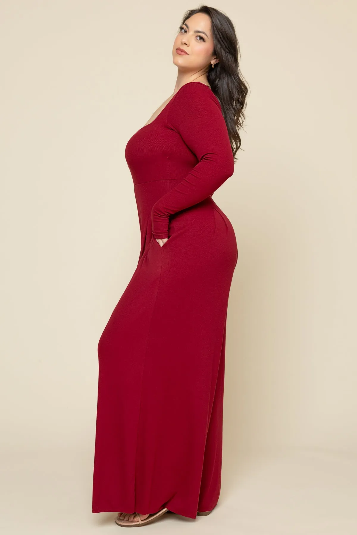 Go With The Flow Long Sleeve Jumpsuit - Deep Cherry sold by POPFLEX