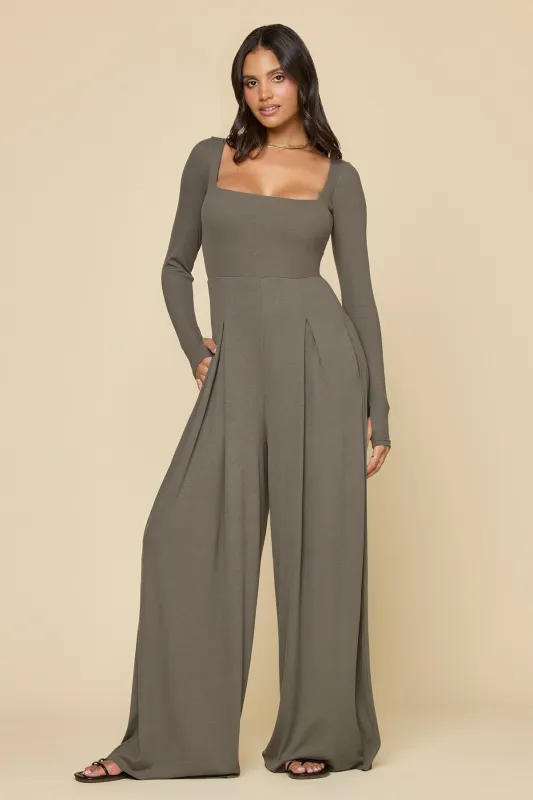 Go With The Flow Long Sleeve Jumpsuit - Rustic Olive sold by POPFLEX