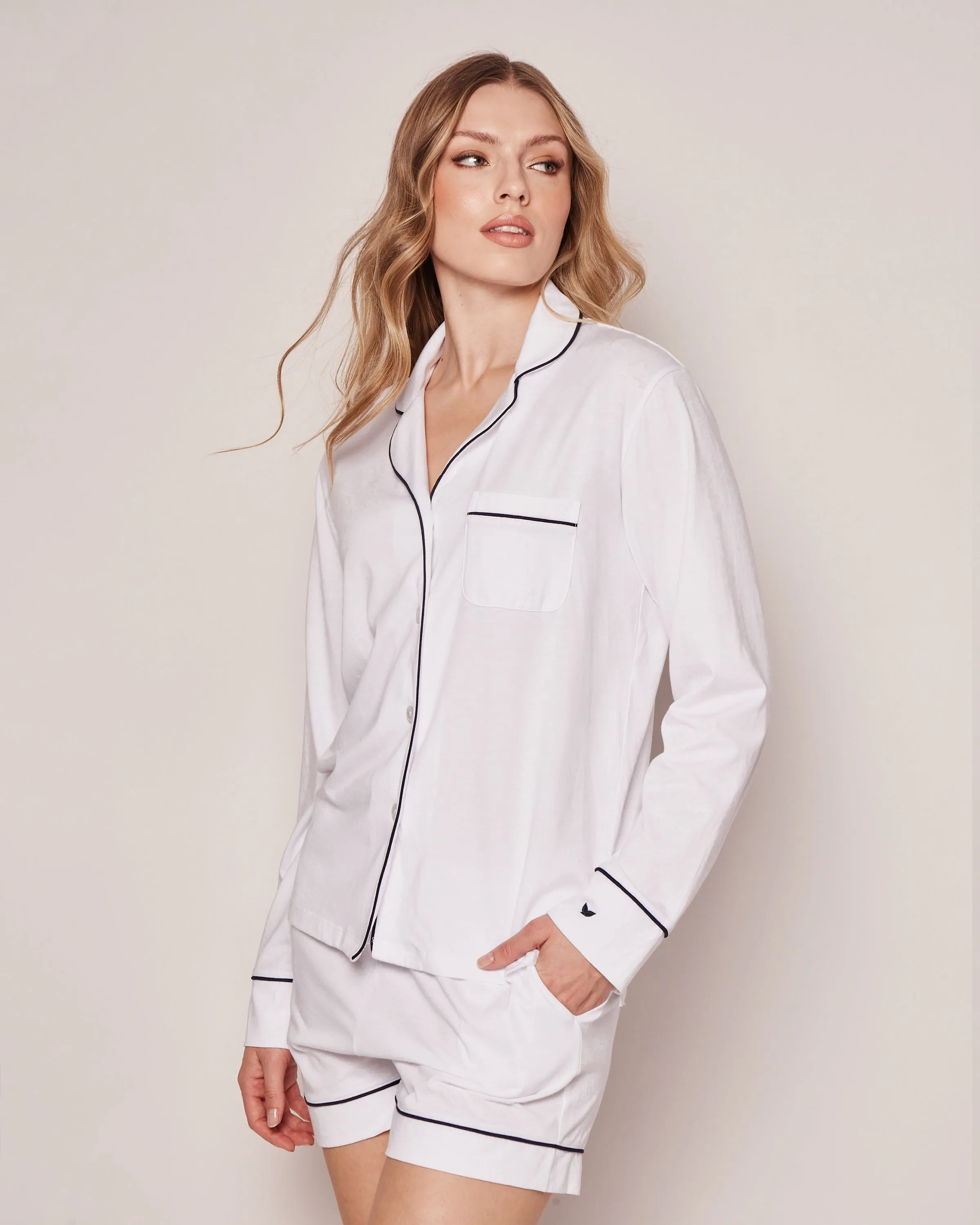 Women's Pima Long Sleeve Short Set in White with Navy Piping sold by Petite Plume product image thumbnail 2