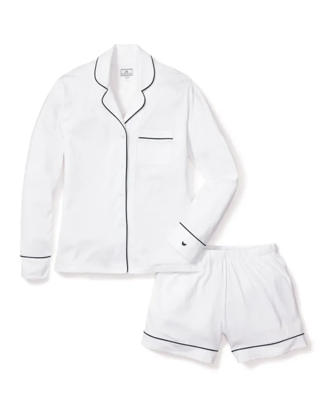 Women's Pima Long Sleeve Short Set in White with Navy Piping sold by Petite Plume