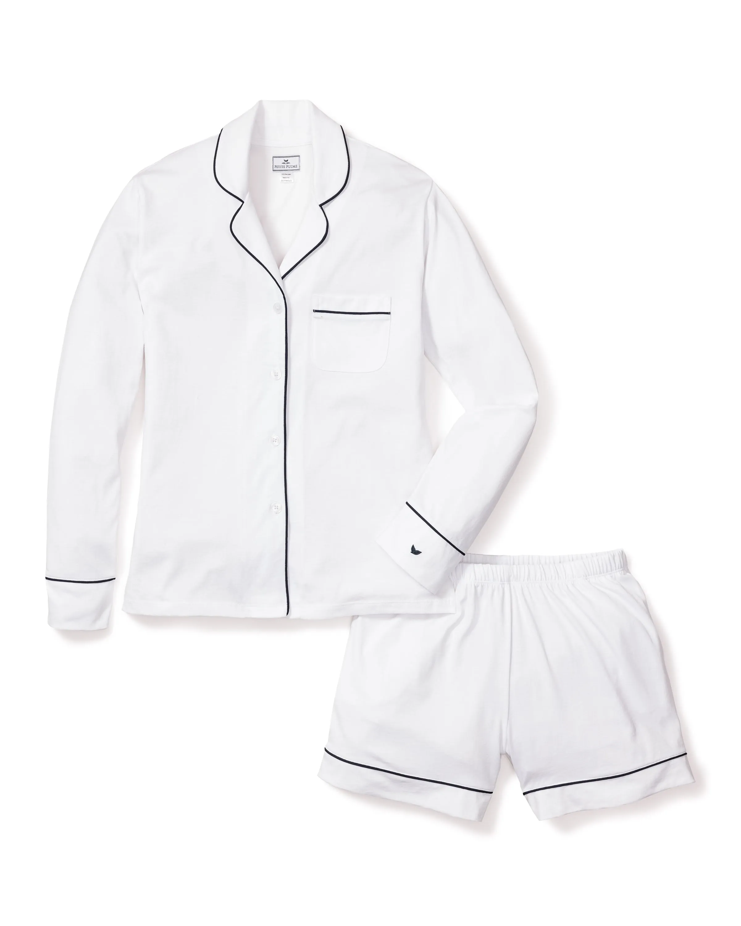 Women's Pima Long Sleeve Short Set in White with Navy Piping sold by Petite Plume