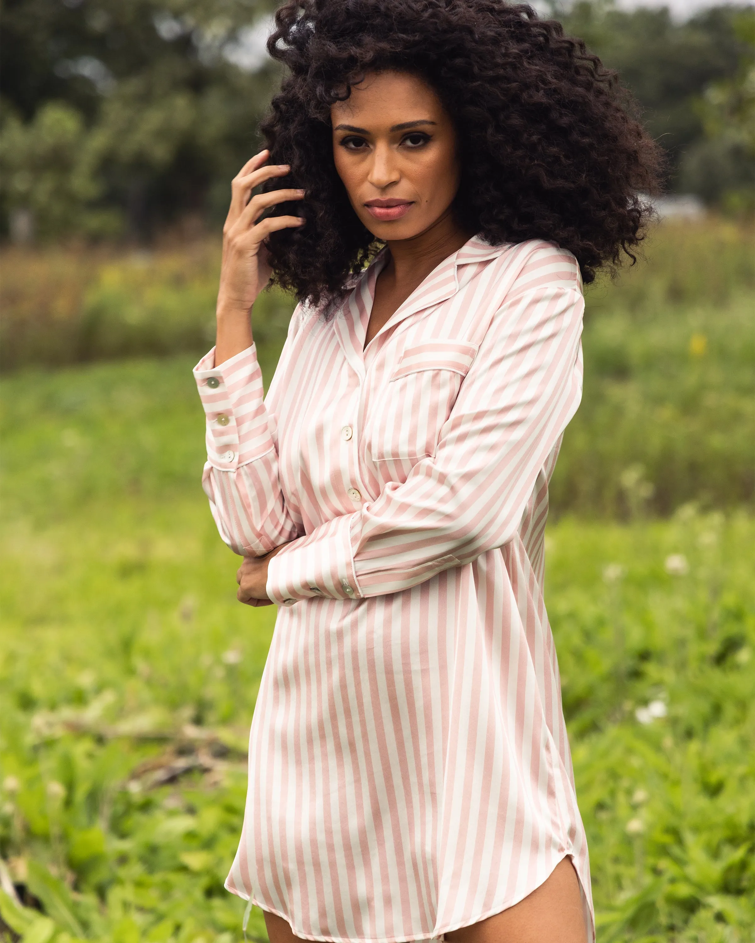 Women's Silk Nightshirt in Pink Stripe sold by Petite Plume product image thumbnail 3