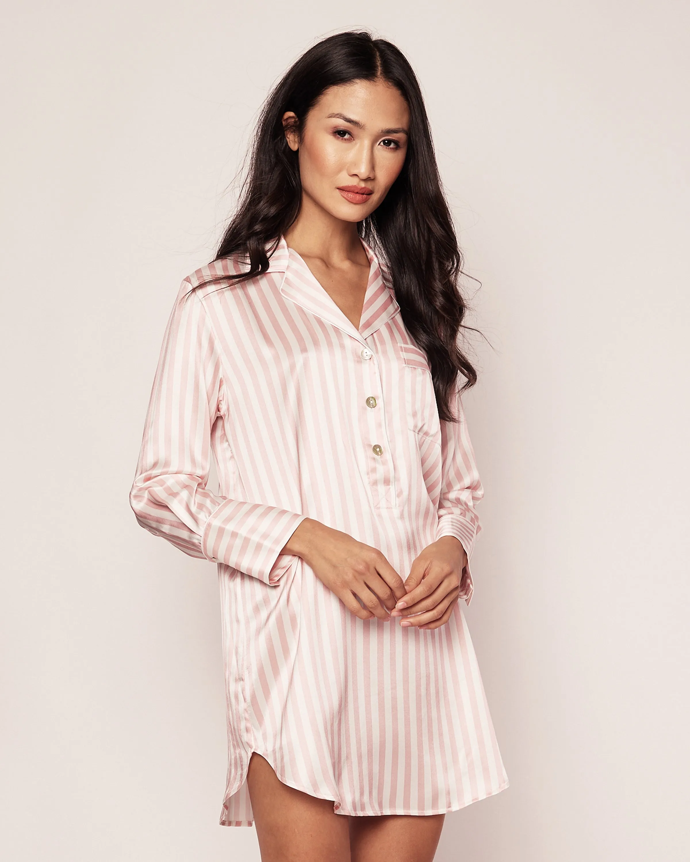 Women's Silk Nightshirt in Pink Stripe sold by Petite Plume product image thumbnail 2