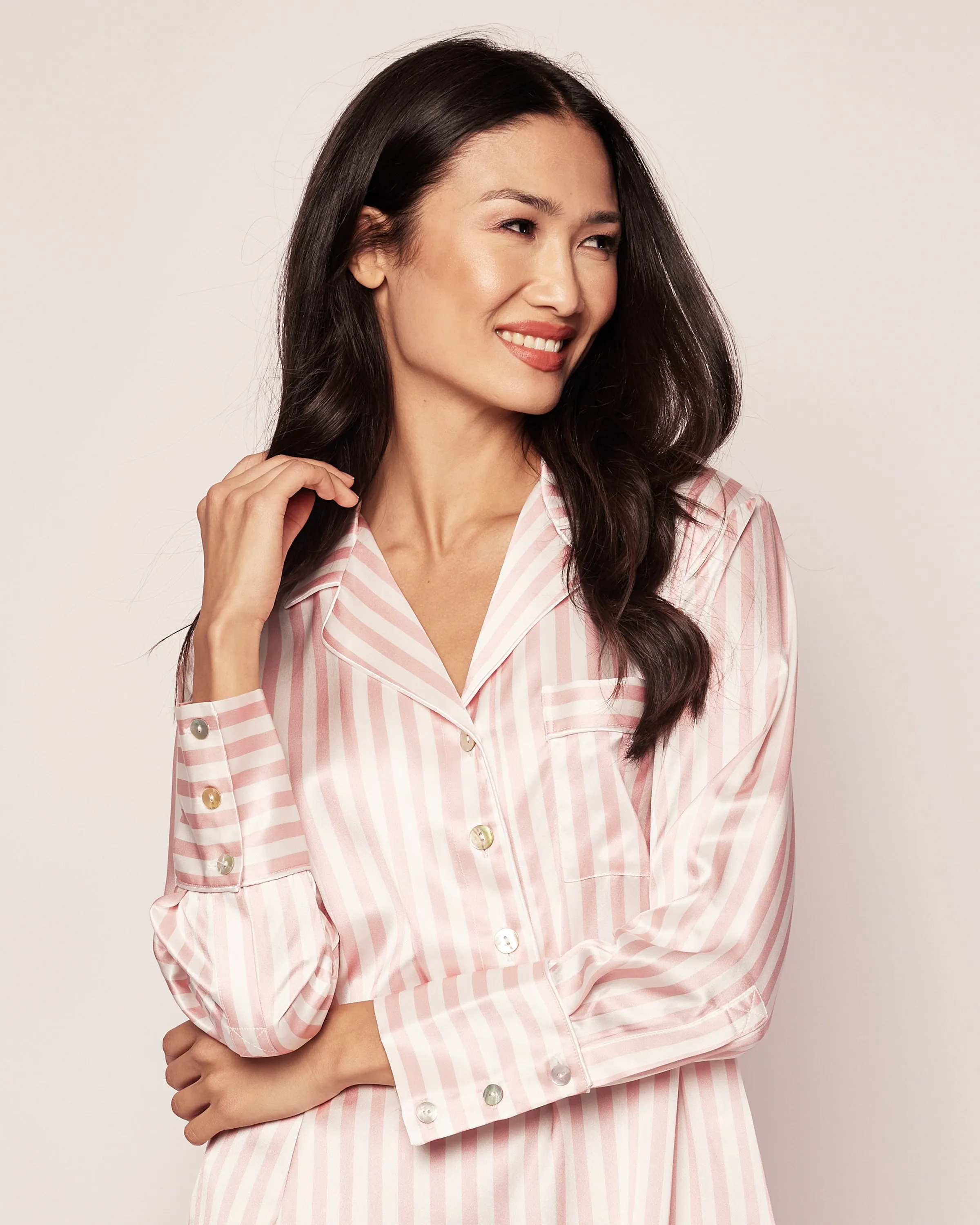 Women's Silk Nightshirt in Pink Stripe sold by Petite Plume product image thumbnail 4