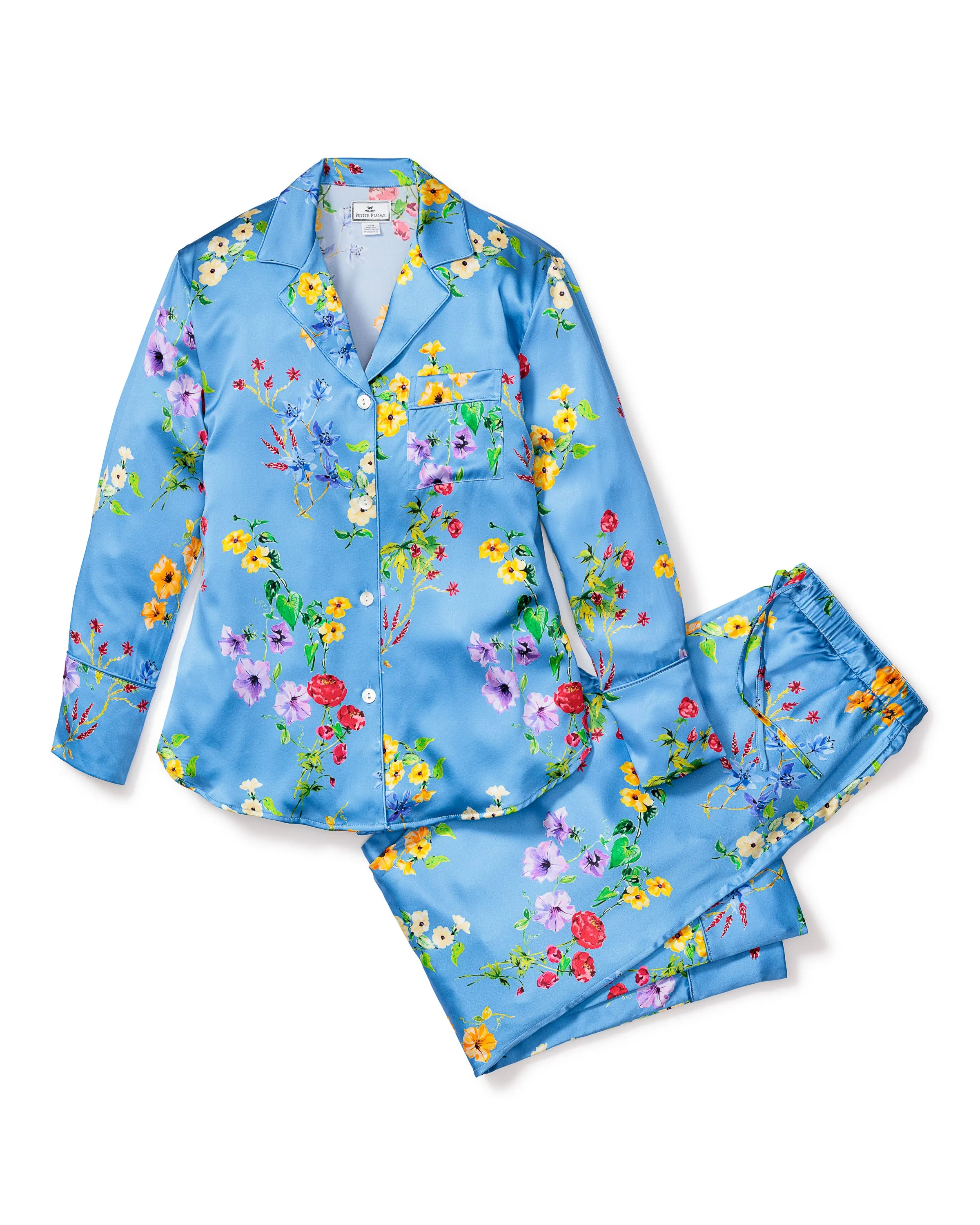 Women's Silk Pajama Set in Brilliant Botanical Azure sold by Petite Plume