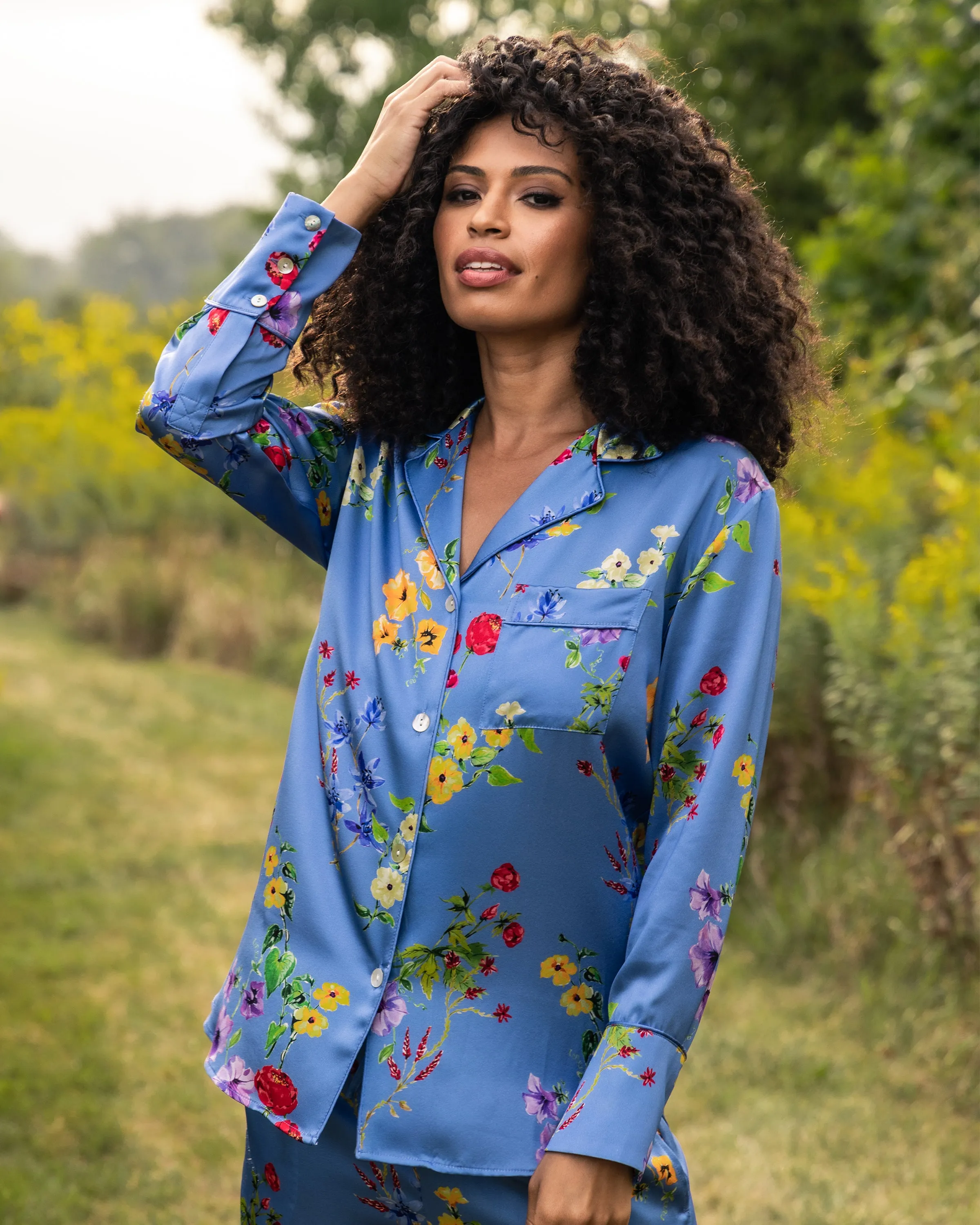 Women's Silk Pajama Set in Brilliant Botanical Azure sold by Petite Plume product image thumbnail 3
