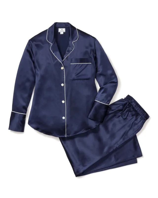 Women's Silk Pajama Set in Navy sold by Petite Plume