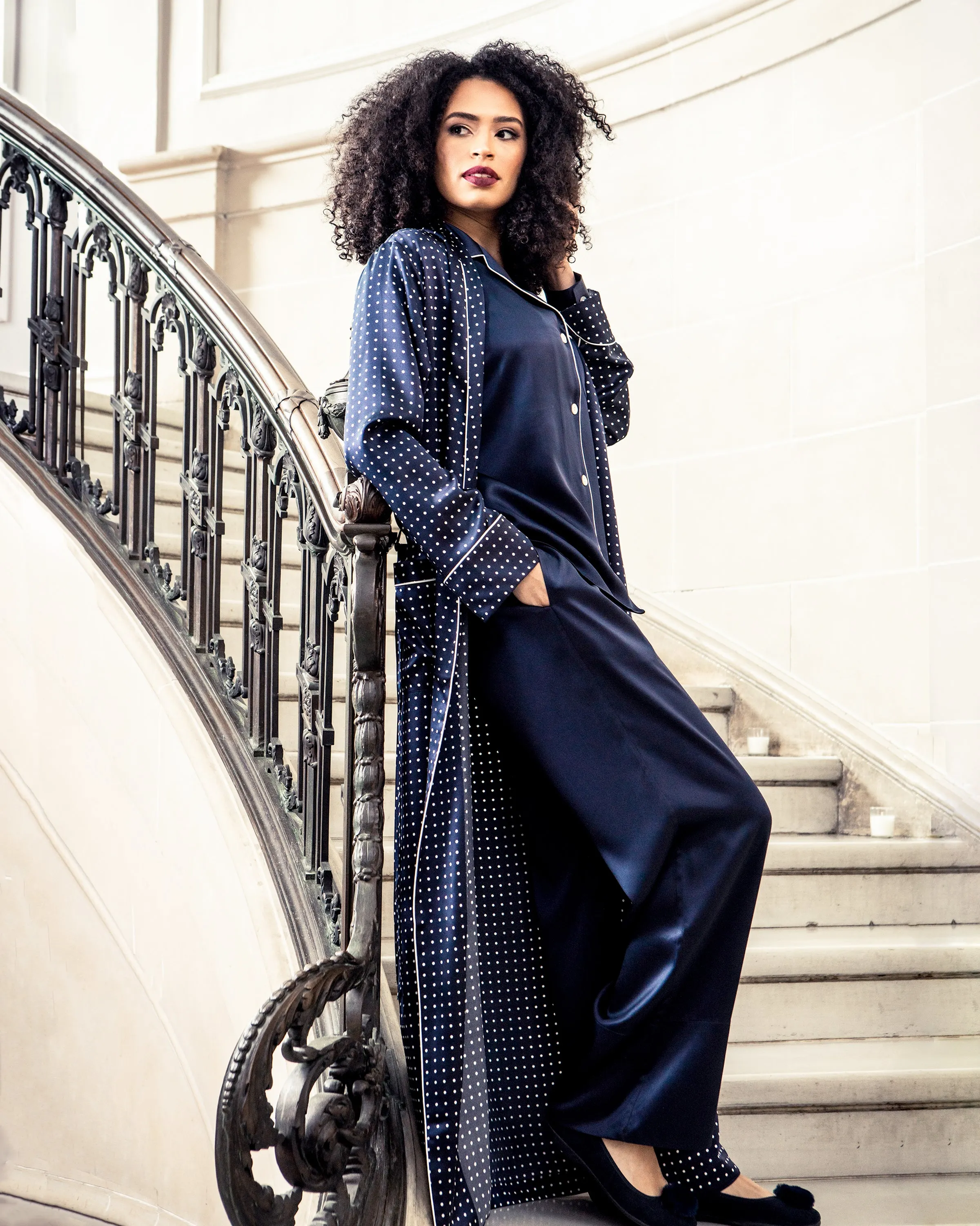 Women's Silk Pajama Set in Navy sold by Petite Plume product image thumbnail 3