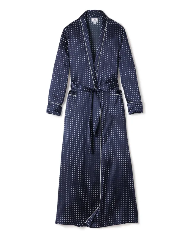 Women's Silk Long Robe in Navy Polka Dot sold by Petite Plume