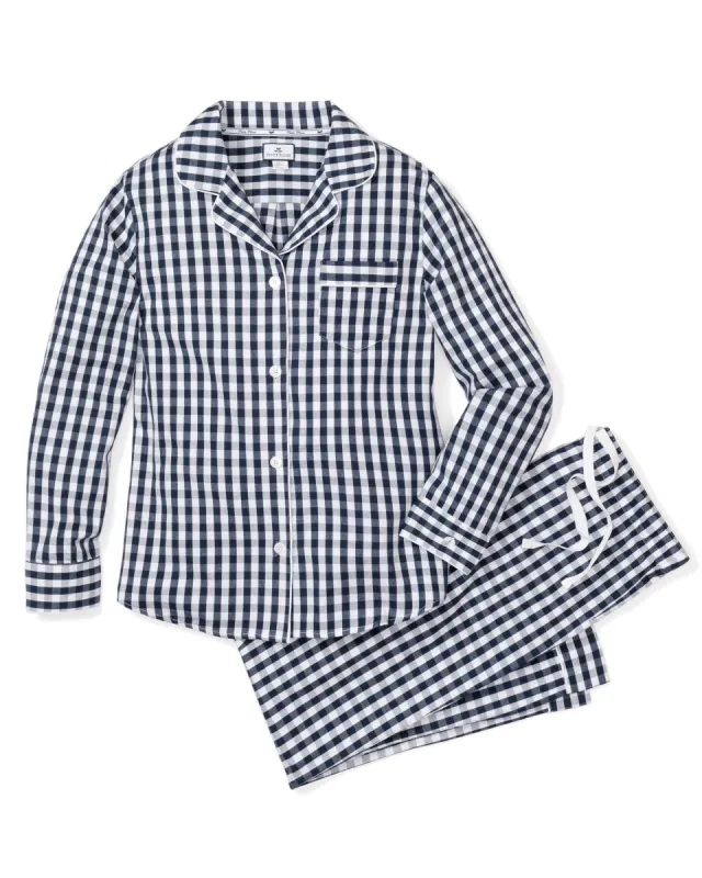 Women's Twill Pajama Set in Navy Gingham sold by Petite Plume