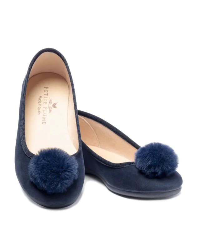 Women's Juliette Slipper in Navy Suede with a Festive Pom sold by Petite Plume