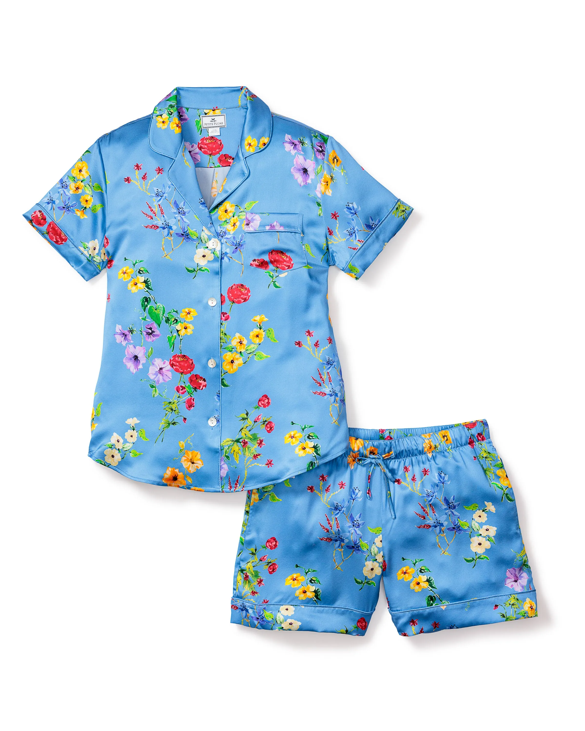 Women's Silk Pajama Short Set in Brilliant Botanical Azure sold by Petite Plume