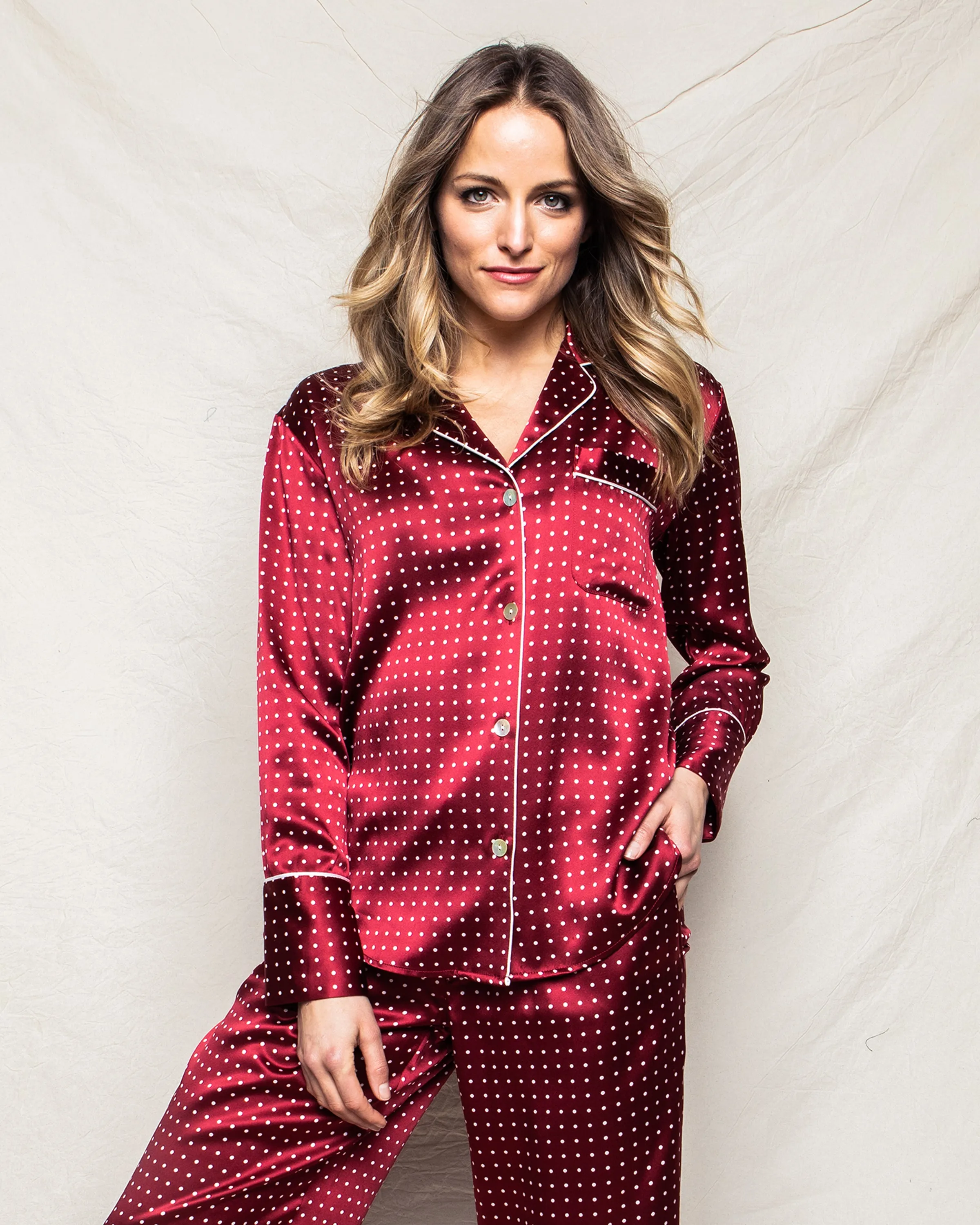 Women's Silk Pajama Set in Bordeaux Polka Dot sold by Petite Plume product image thumbnail 4