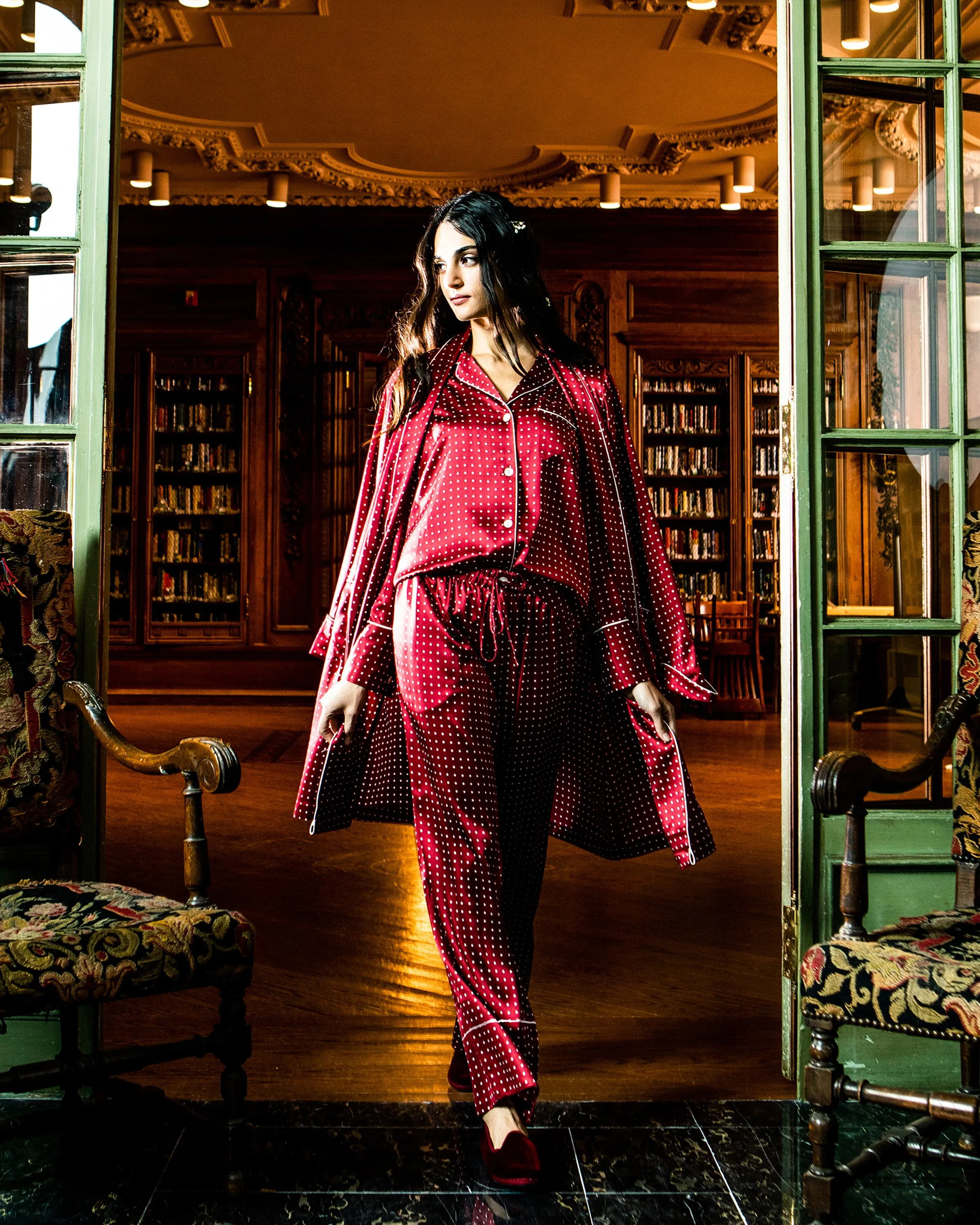 Women's Silk Pajama Set in Bordeaux Polka Dot sold by Petite Plume product image thumbnail 3