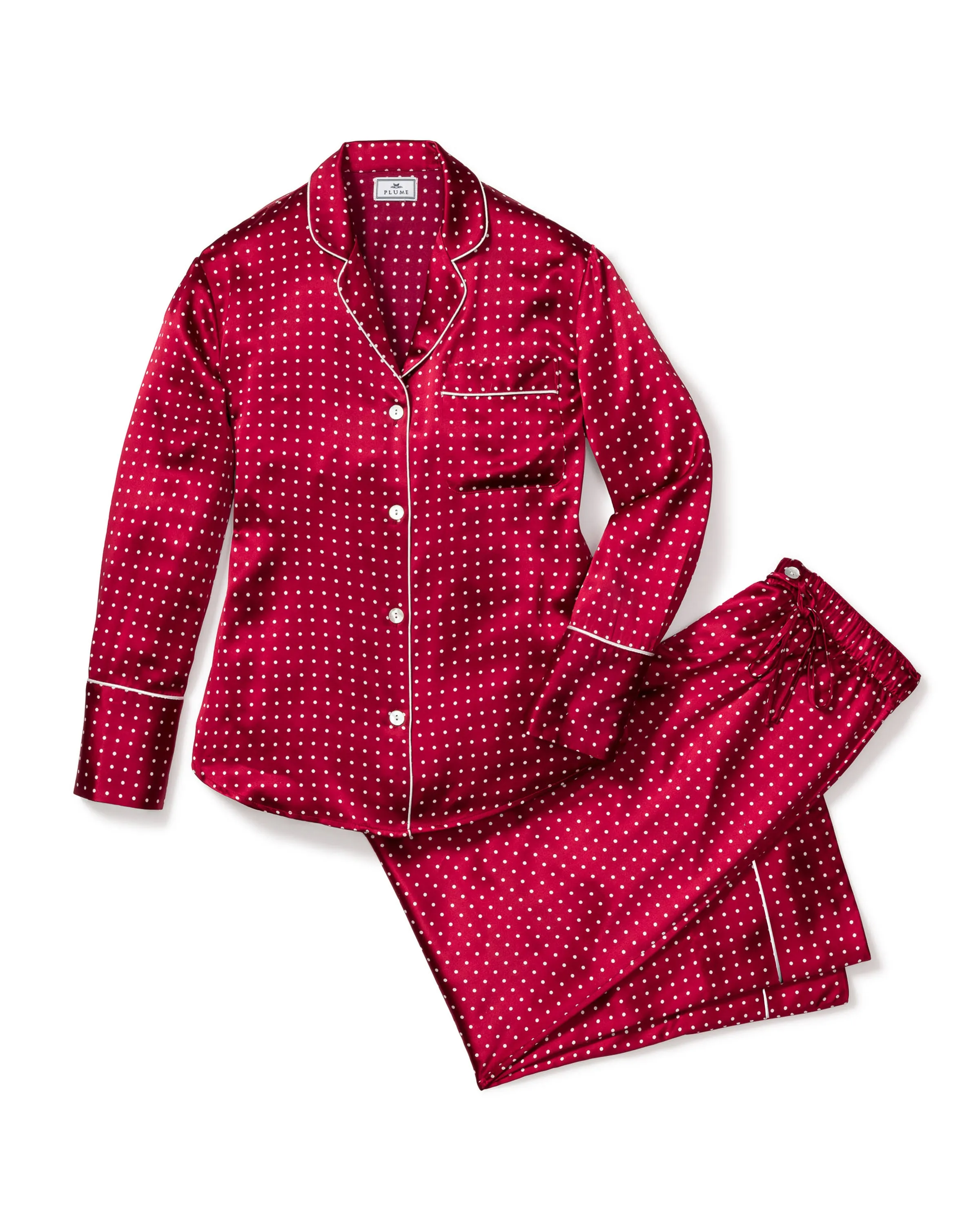Women's Silk Pajama Set in Bordeaux Polka Dot sold by Petite Plume