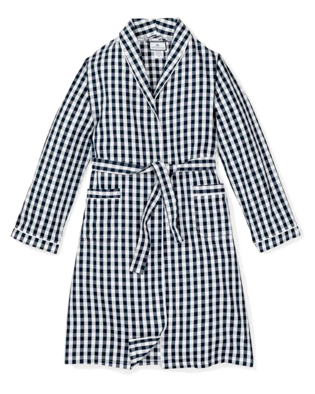 Women's Twill Robe in Navy Gingham sold by Petite Plume