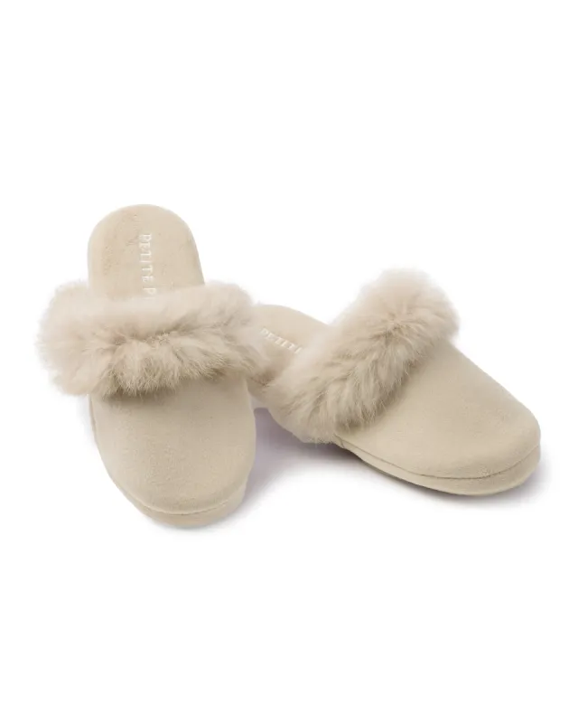 Women's Faux Fur Trim Slipper in Beige sold by Petite Plume