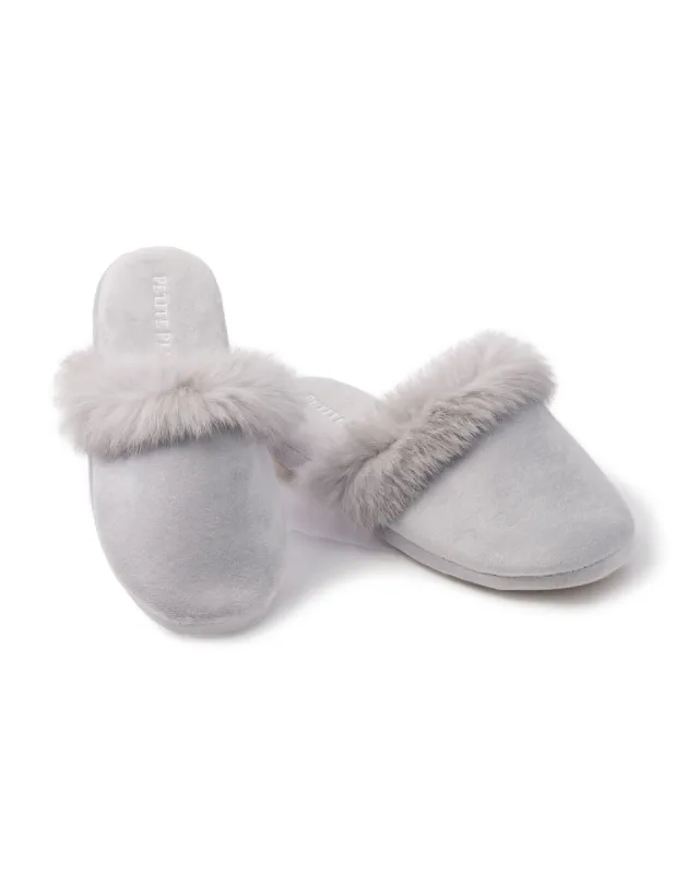 Women's Faux Fur Trim Slipper in Grey sold by Petite Plume