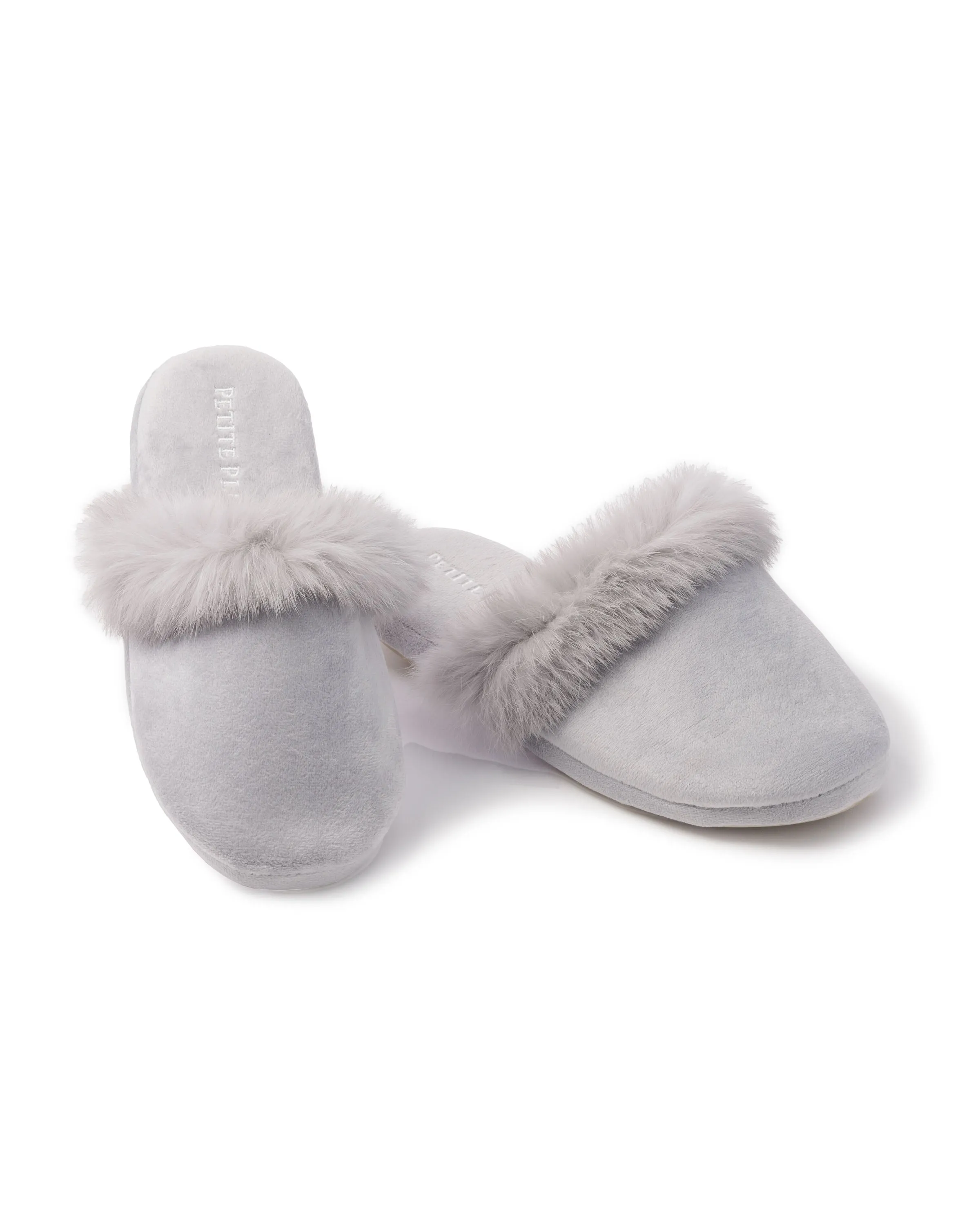 Women's Faux Fur Trim Slipper in Grey sold by Petite Plume