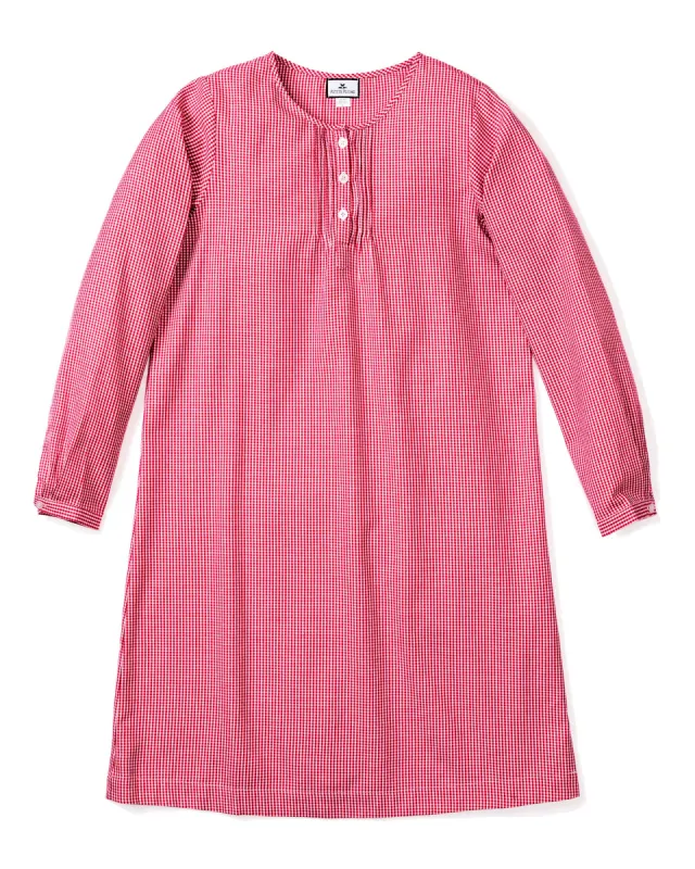 Women's Flannel Beatrice Nightgown in Red Mini Gingham sold by Petite Plume