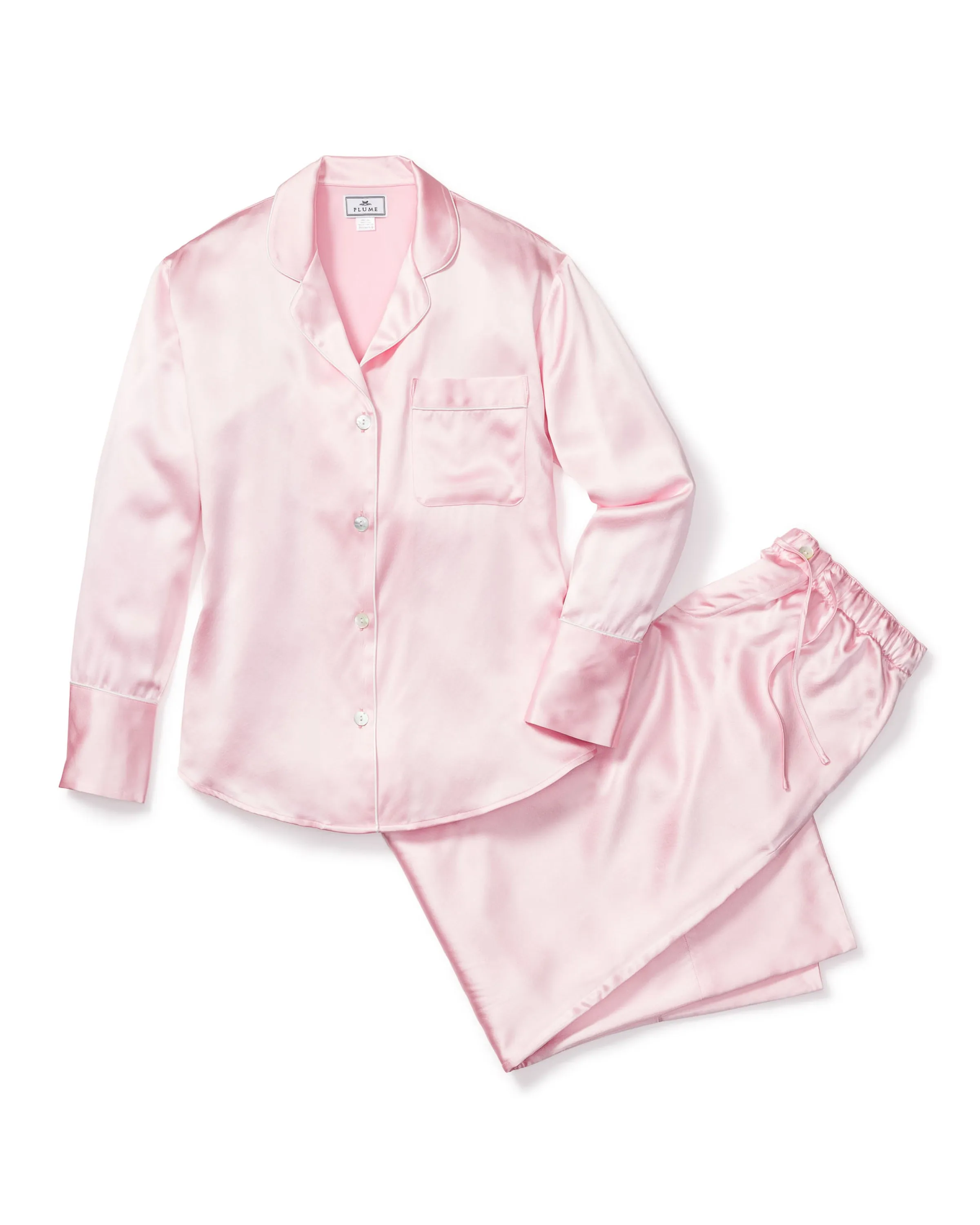 Women's Silk Pajama Set in Pink sold by Petite Plume