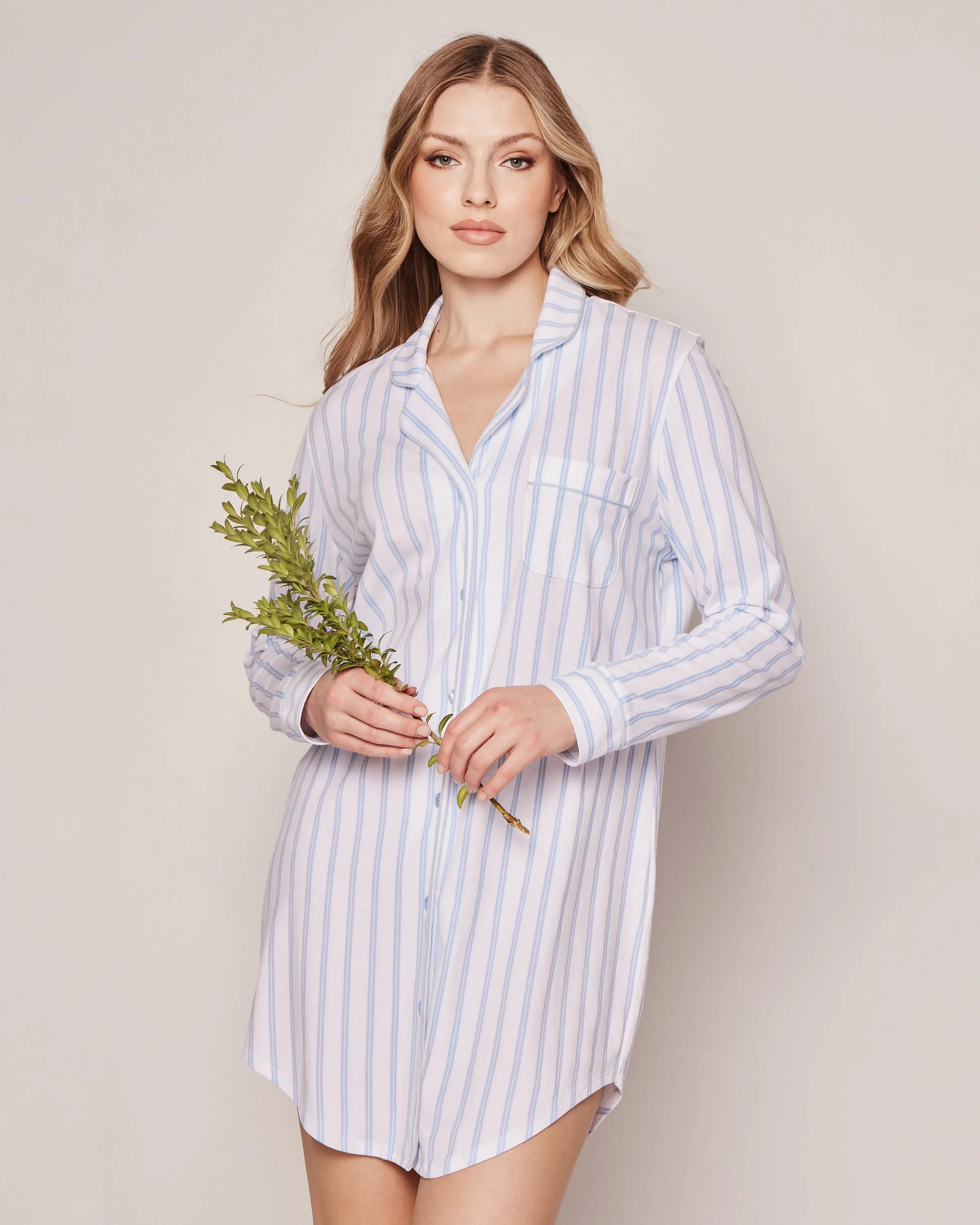 Women's Pima Nightshirt in Periwinkle and White Stripe sold by Petite Plume product image thumbnail 2