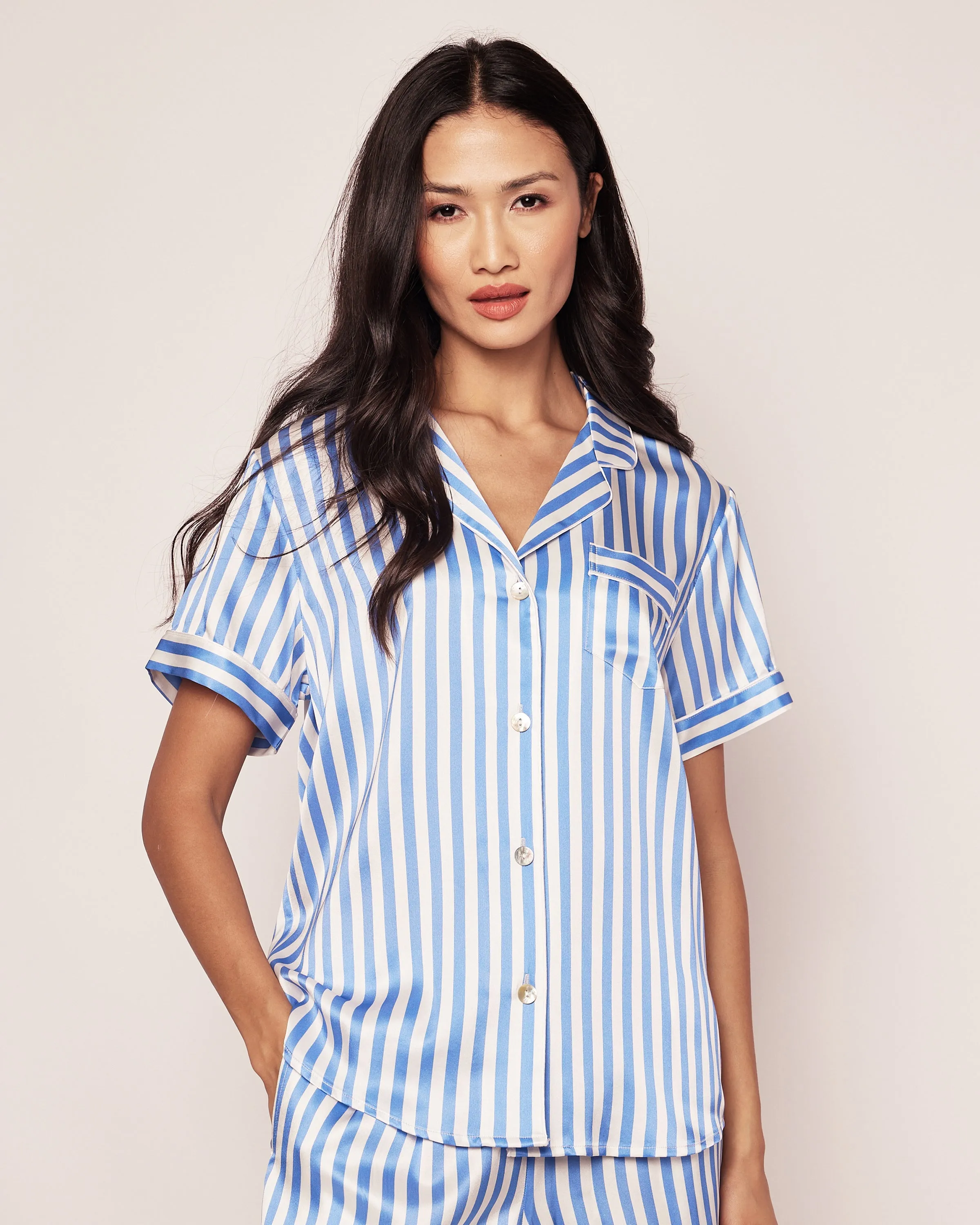 Women's Silk Pajama Short Set in Azure Stripe sold by Petite Plume product image thumbnail 3