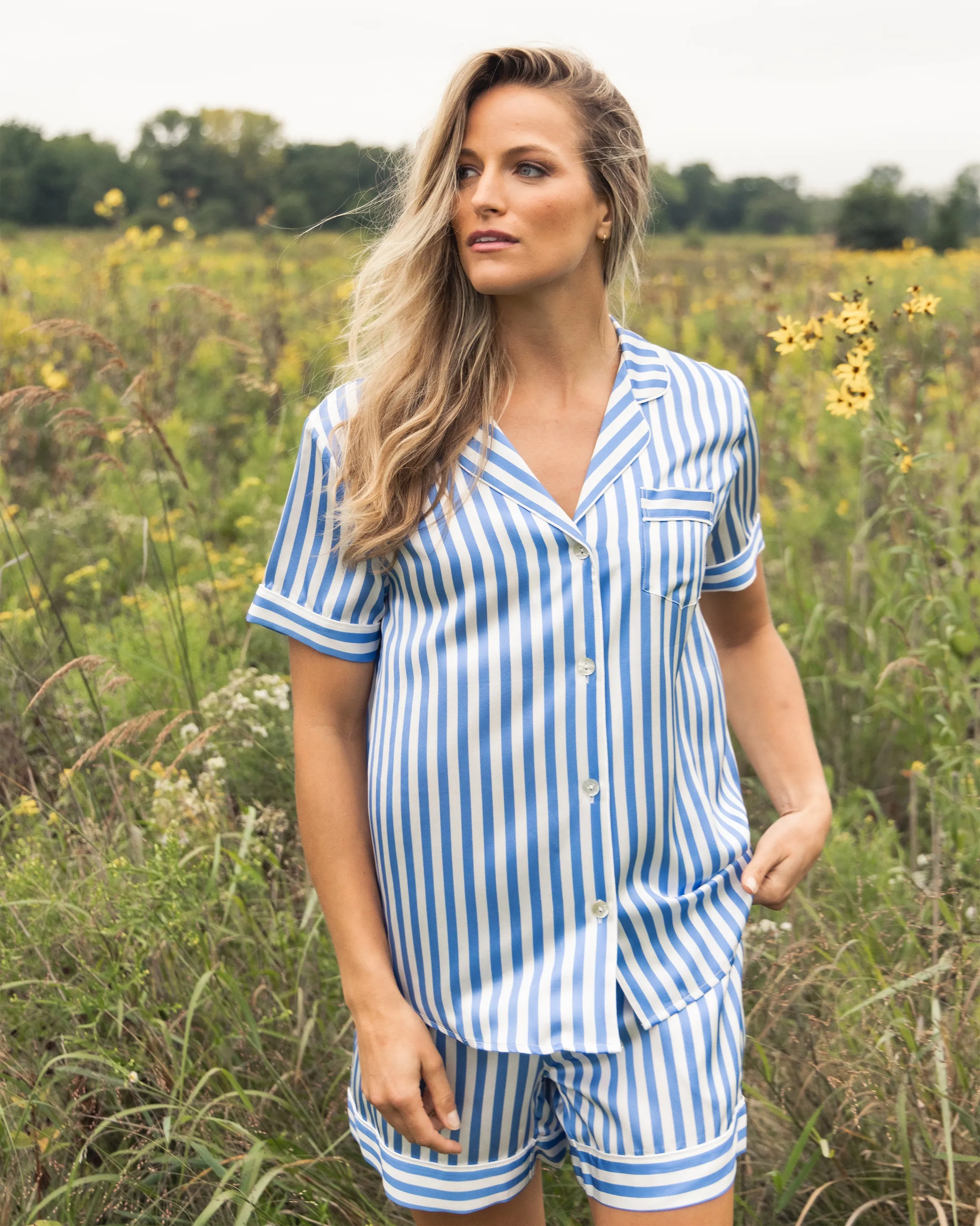 Women's Silk Pajama Short Set in Azure Stripe sold by Petite Plume product image thumbnail 4