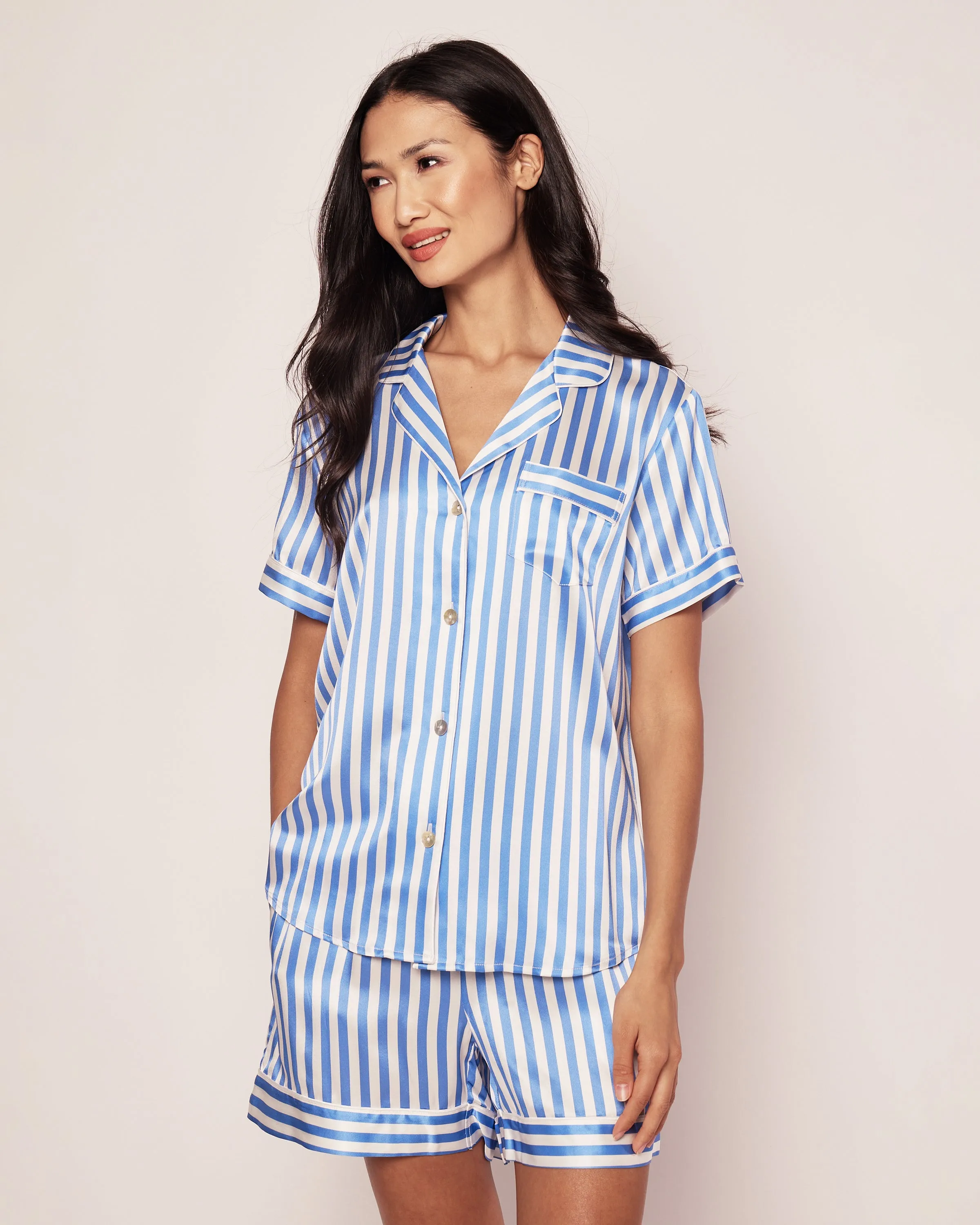 Women's Silk Pajama Short Set in Azure Stripe sold by Petite Plume product image thumbnail 2