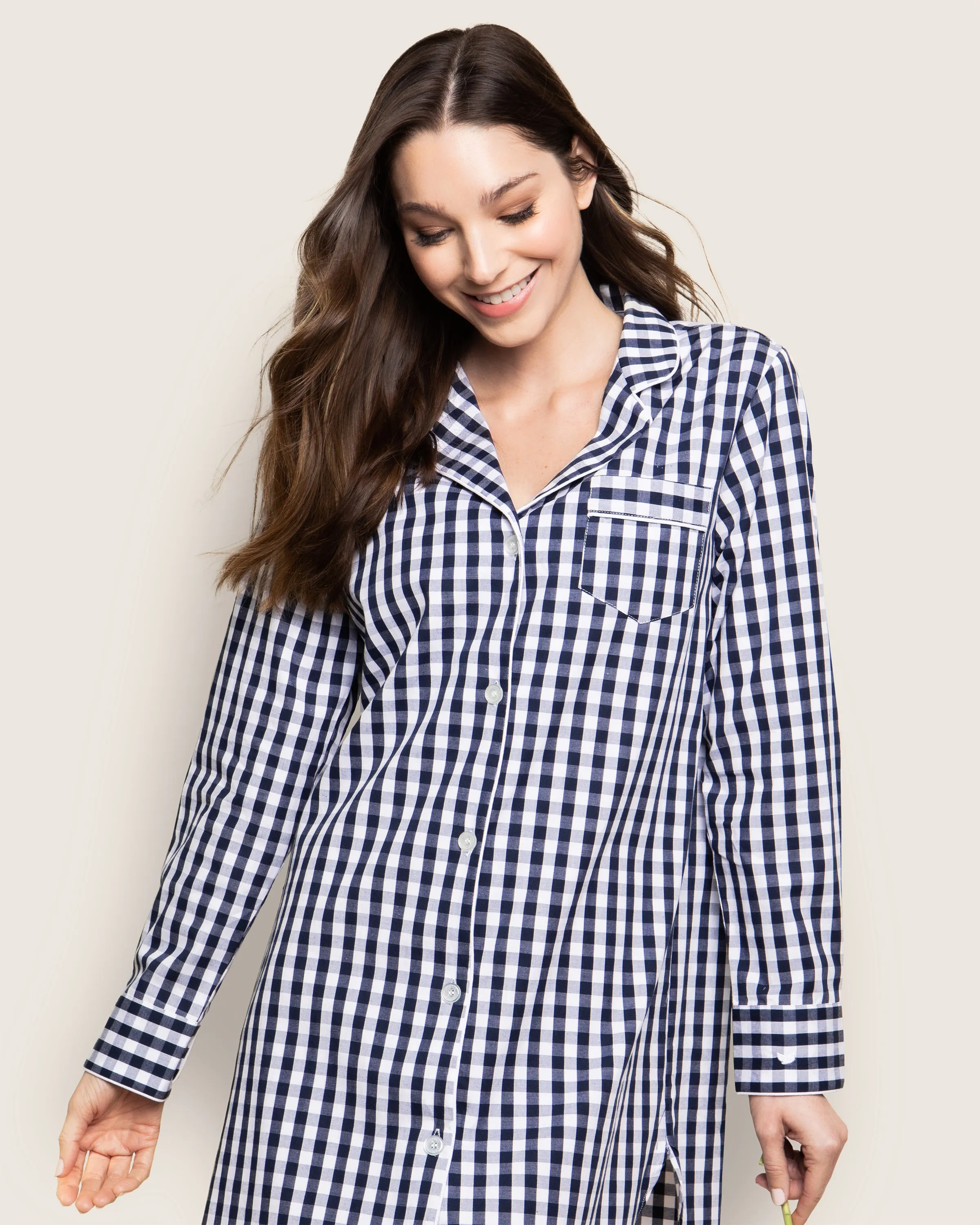 Women's Twill Nightshirt in Navy Gingham sold by Petite Plume product image thumbnail 4
