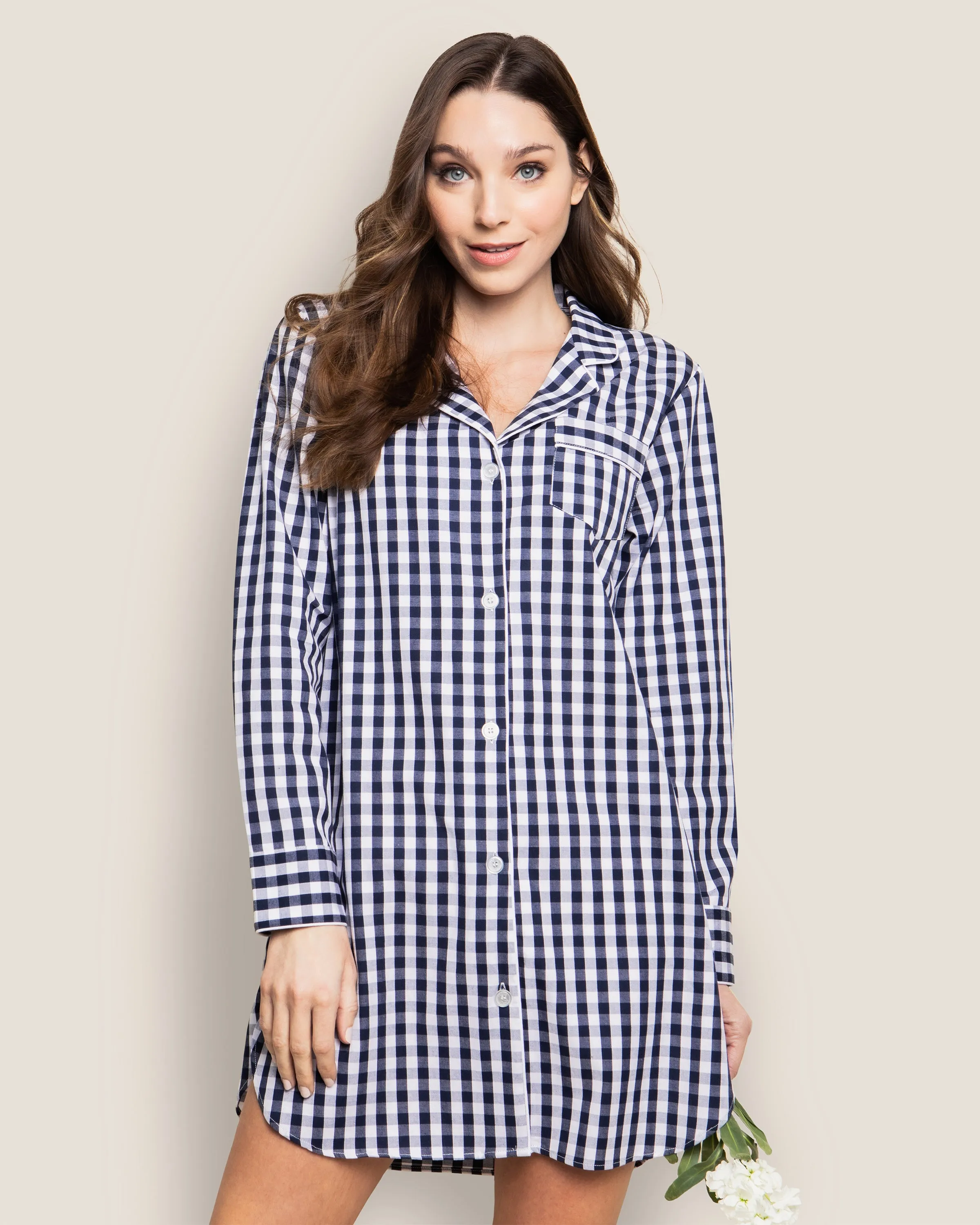 Women's Twill Nightshirt in Navy Gingham sold by Petite Plume product image thumbnail 2