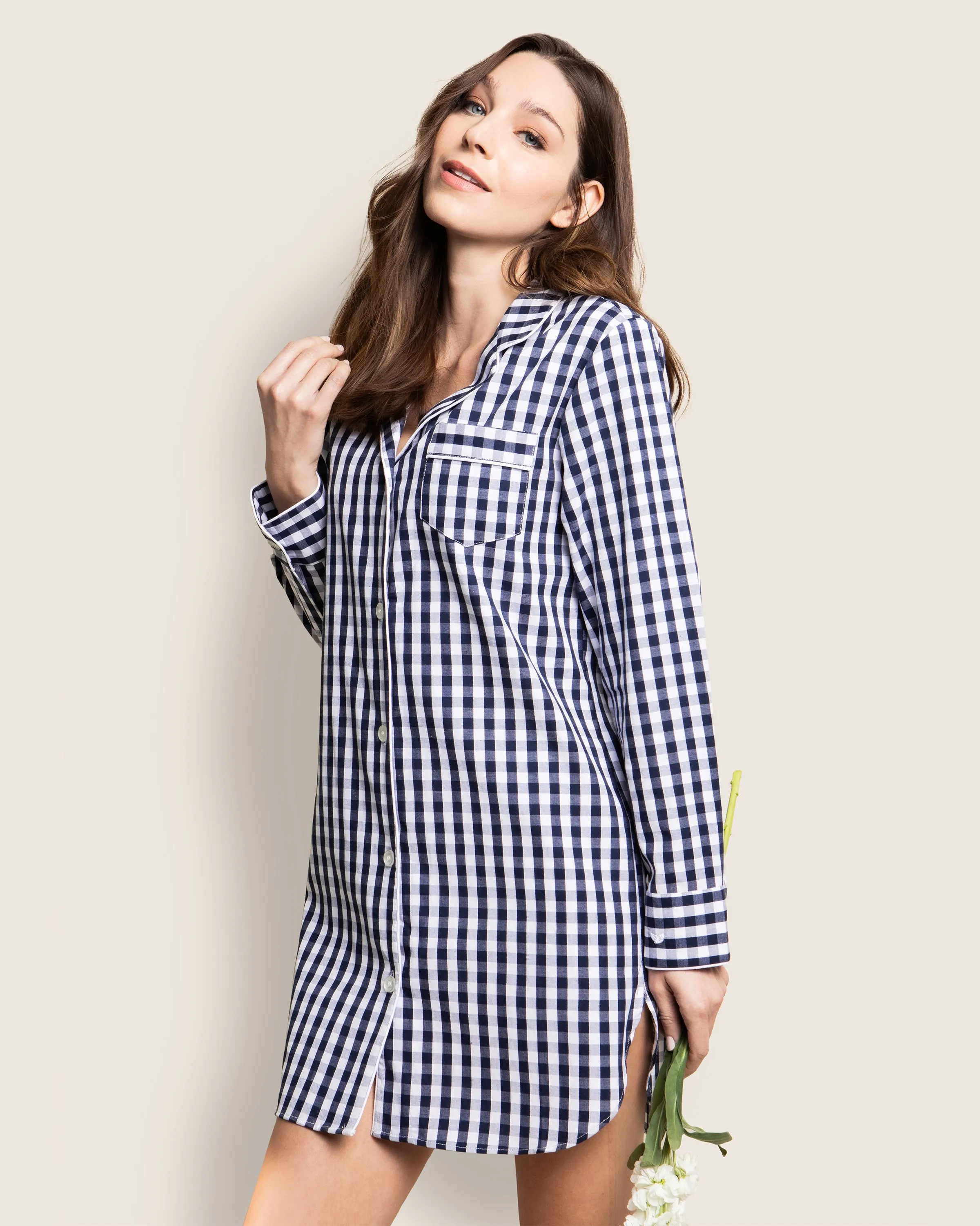 Women's Twill Nightshirt in Navy Gingham sold by Petite Plume product image thumbnail 3