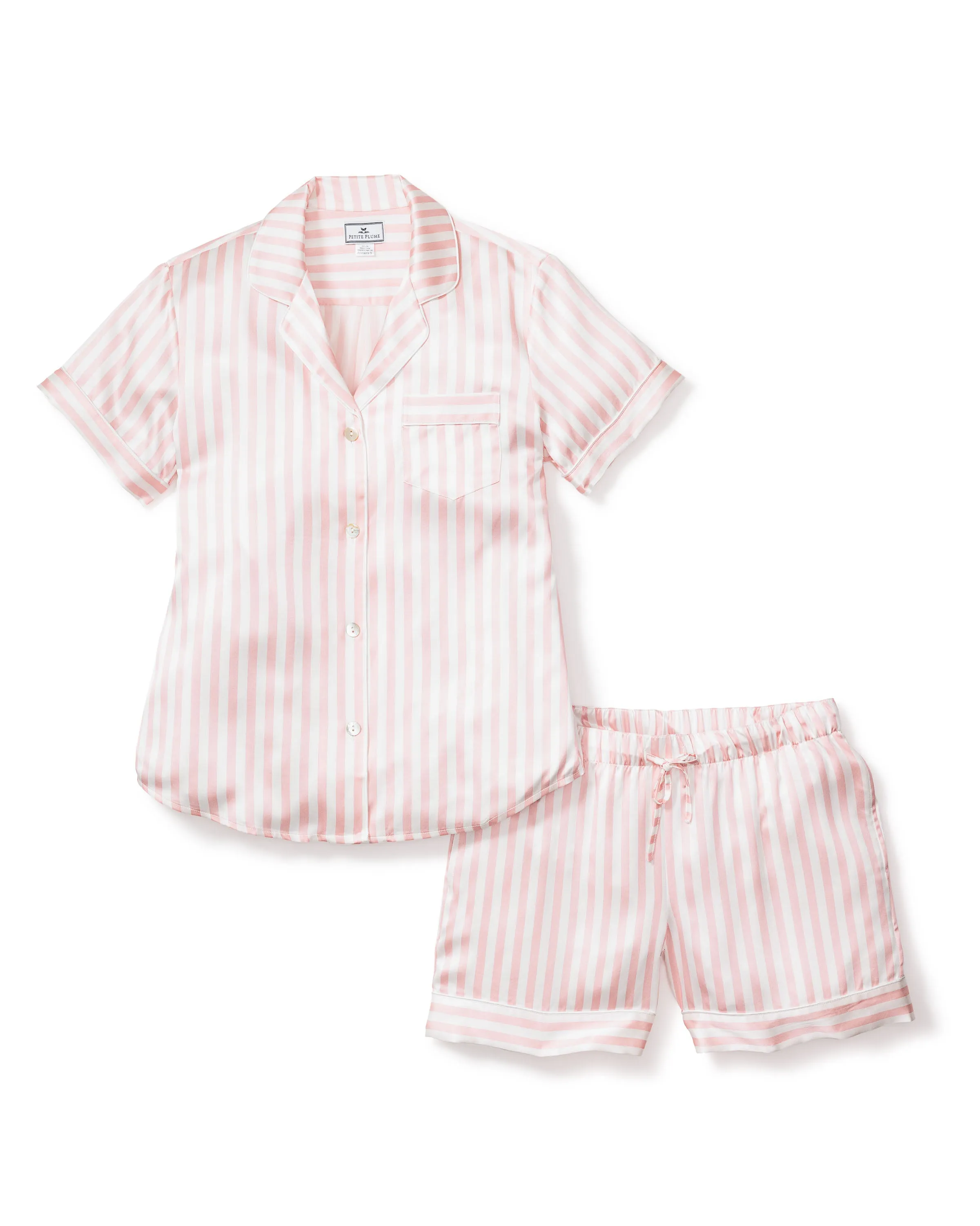 Women's Silk Pajama Short Set in Pink Stripe sold by Petite Plume