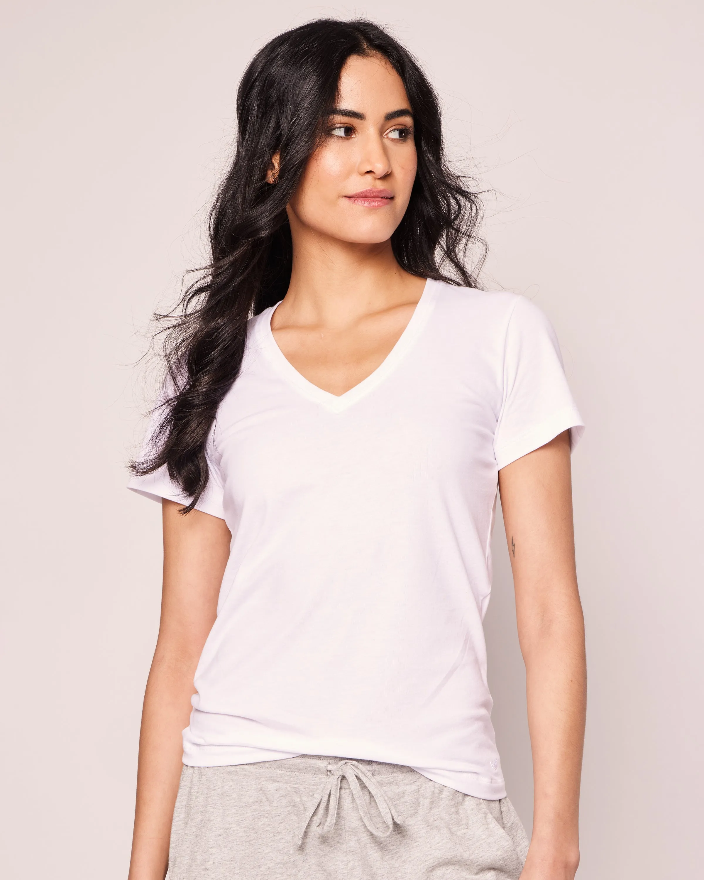Women's Pima V-Neck Short Sleeve Top in White sold by Petite Plume product image thumbnail 2
