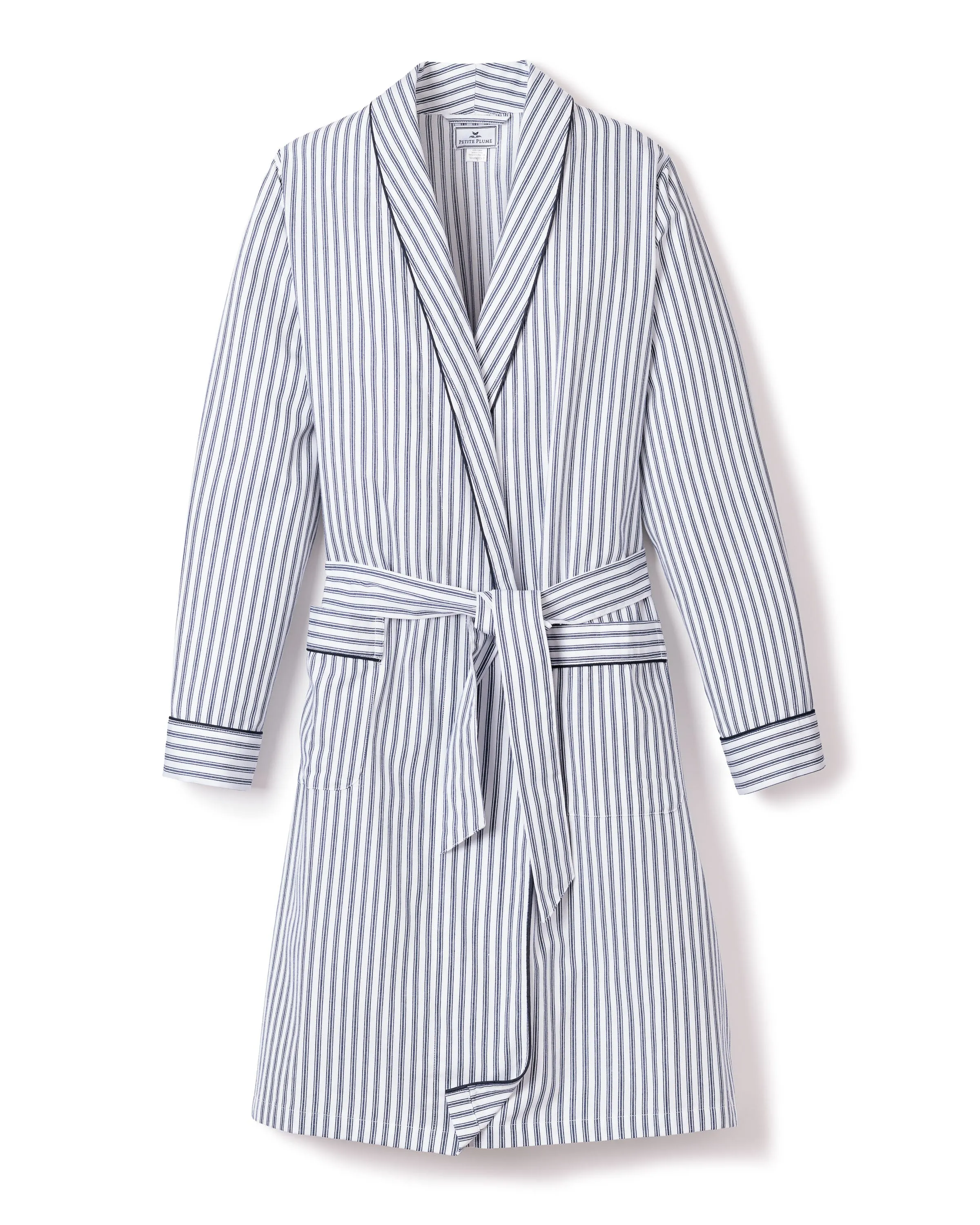 Women's Twill Robe in Navy French Ticking sold by Petite Plume