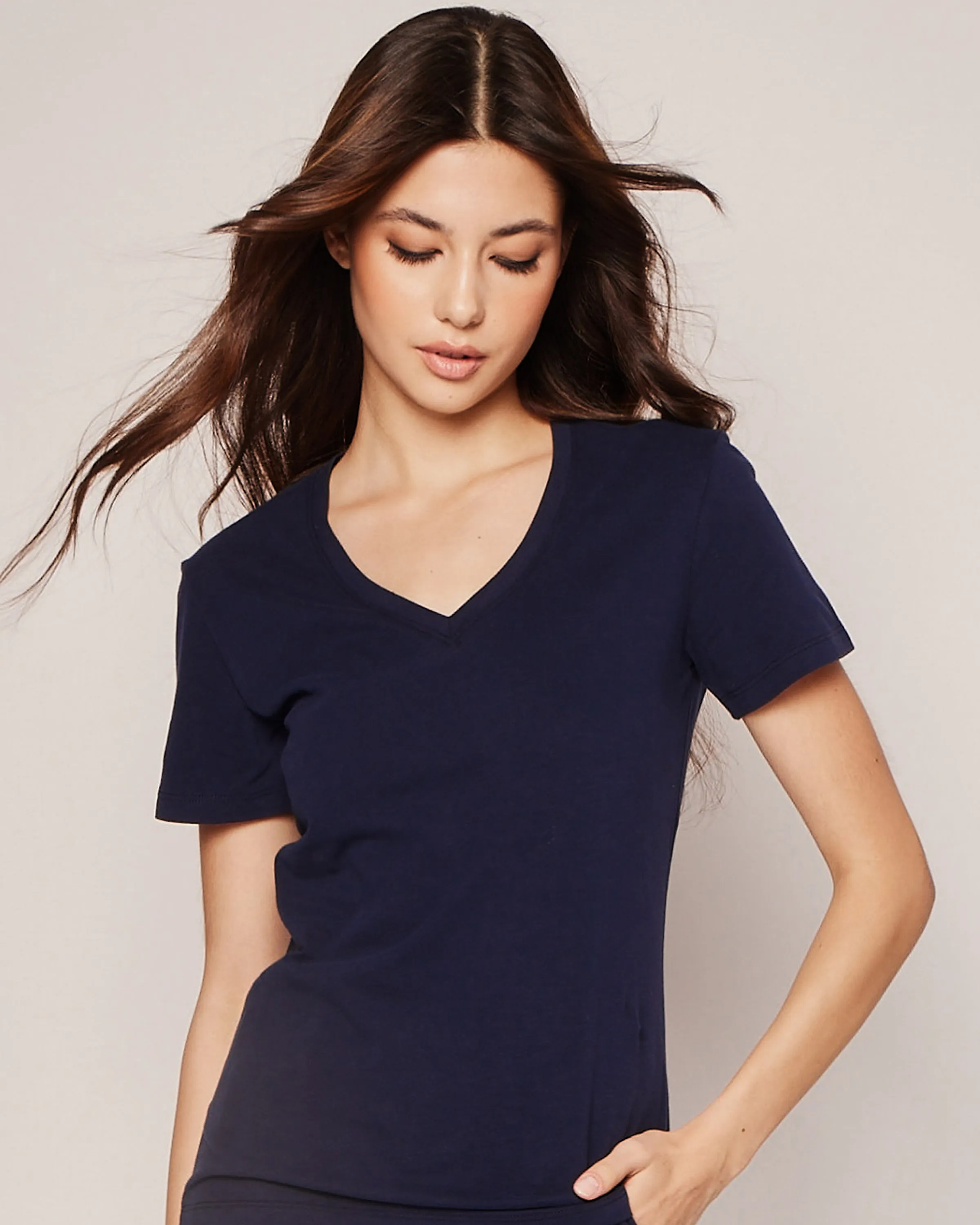 Women's Pima V-Neck Short Sleeve Top in Navy sold by Petite Plume product image thumbnail 2