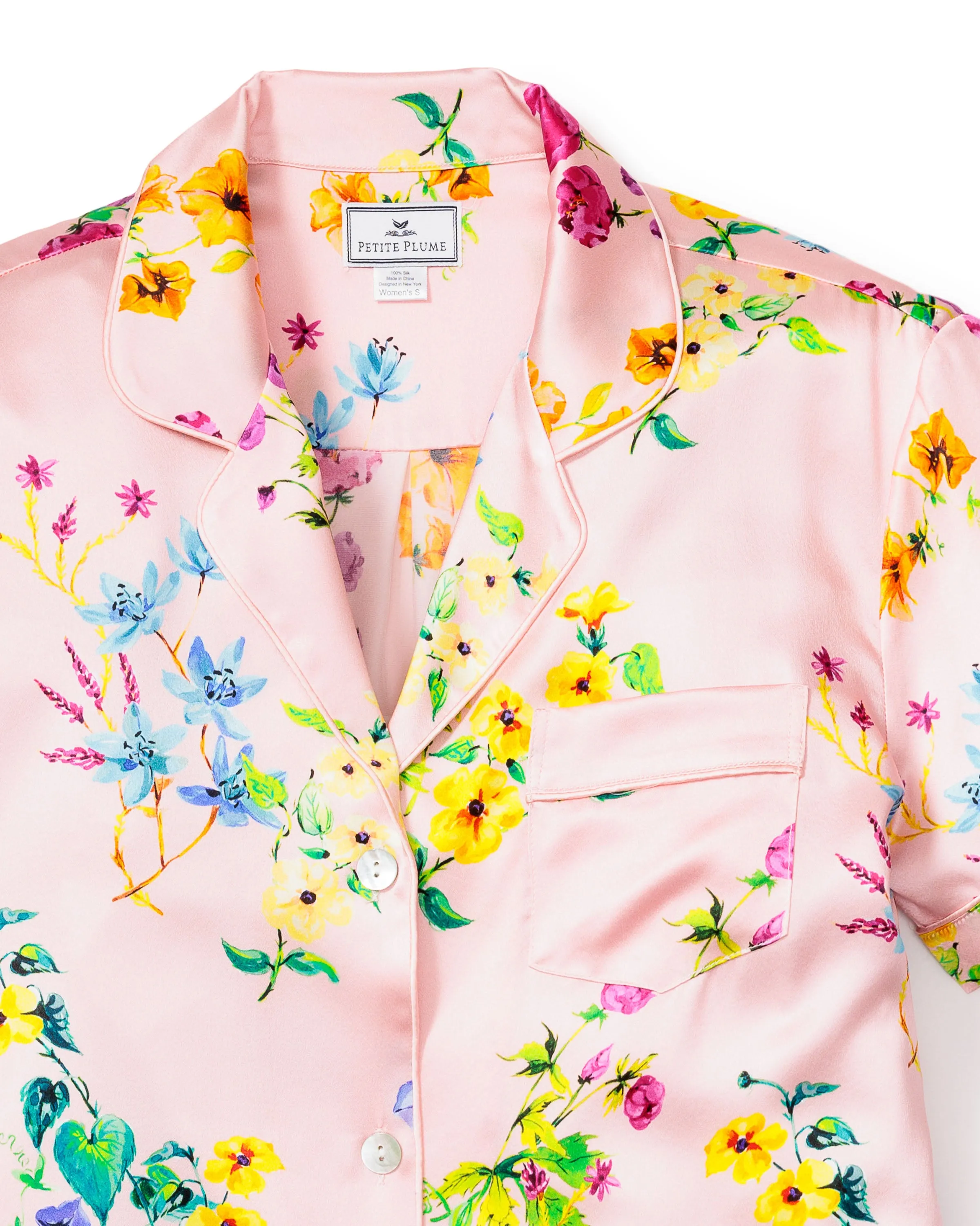 Women's Silk Pajama Short Set in Blush Brilliant Botanical sold by Petite Plume product image thumbnail 4