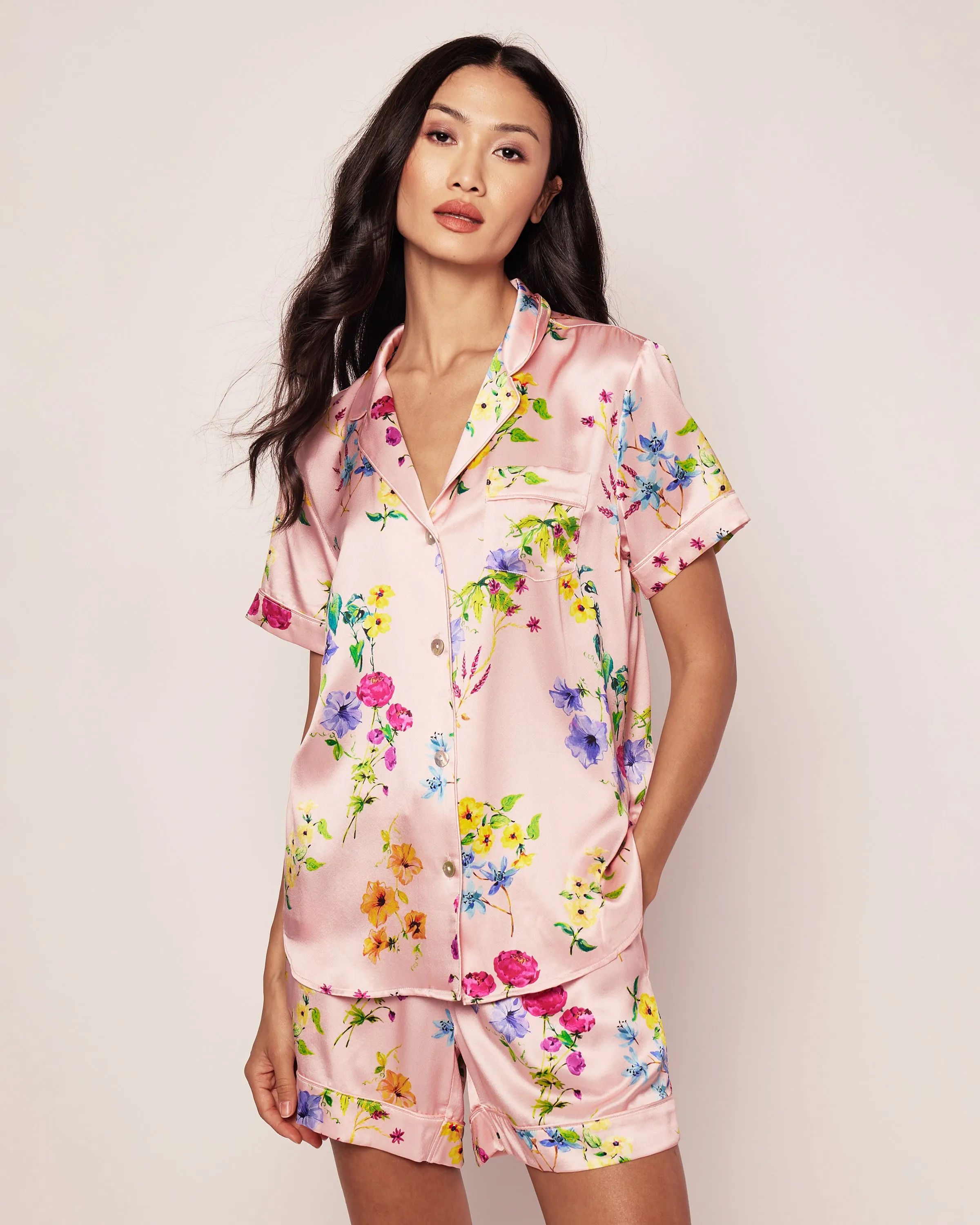 Women's Silk Pajama Short Set in Blush Brilliant Botanical sold by Petite Plume product image thumbnail 2
