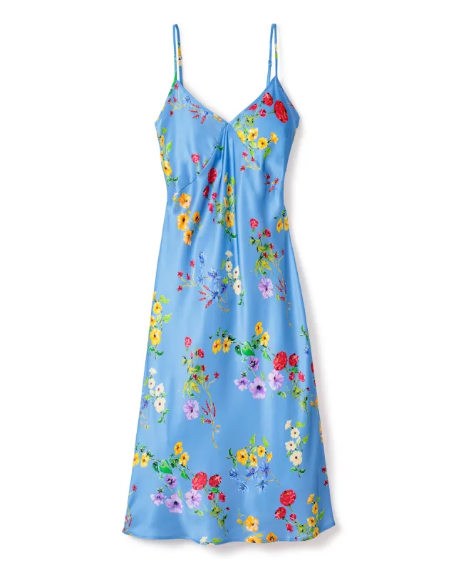 Women's Silk Cosette Nightgown in Azure Brilliant Botanical sold by Petite Plume
