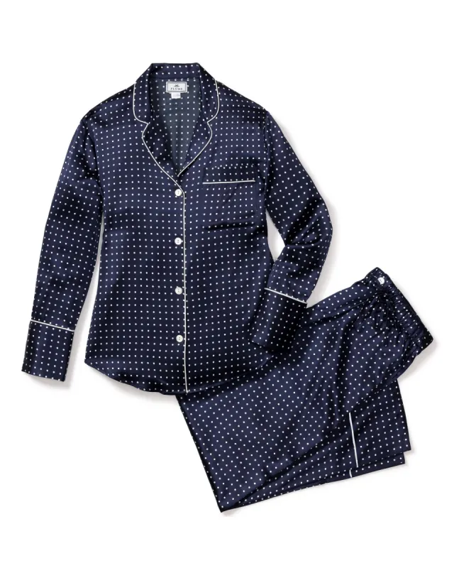 Women's Silk Pajama Set in Navy Polka Dot sold by Petite Plume