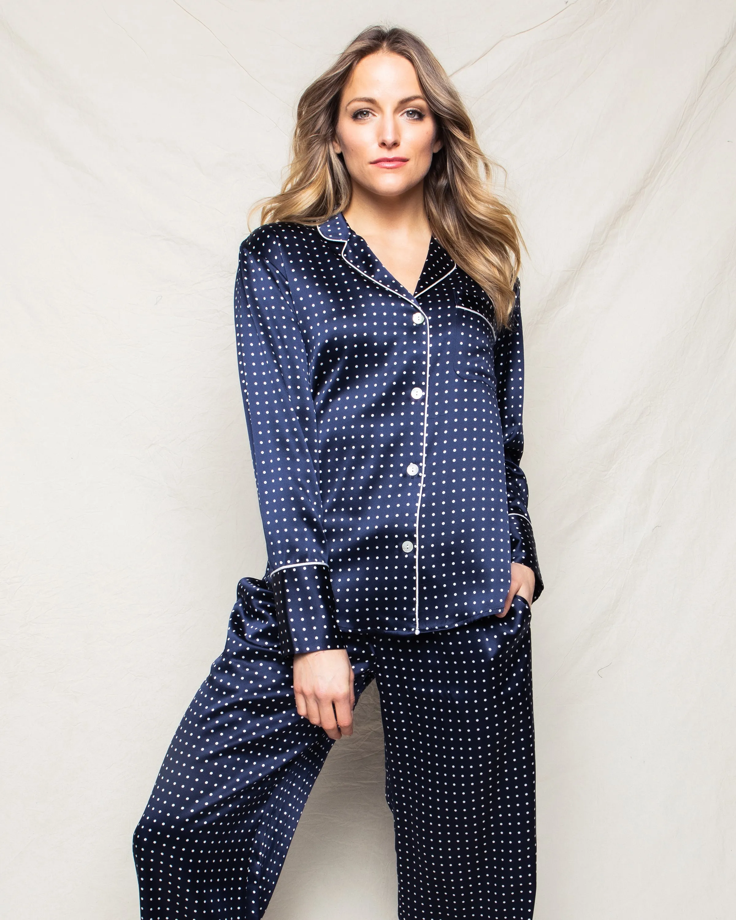 Women's Silk Pajama Set in Navy Polka Dot sold by Petite Plume product image thumbnail 3
