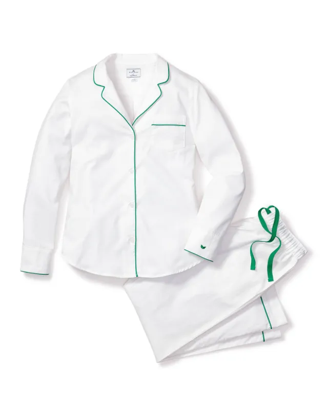 Women's White Twill Pajama Set with Green Piping sold by Petite Plume