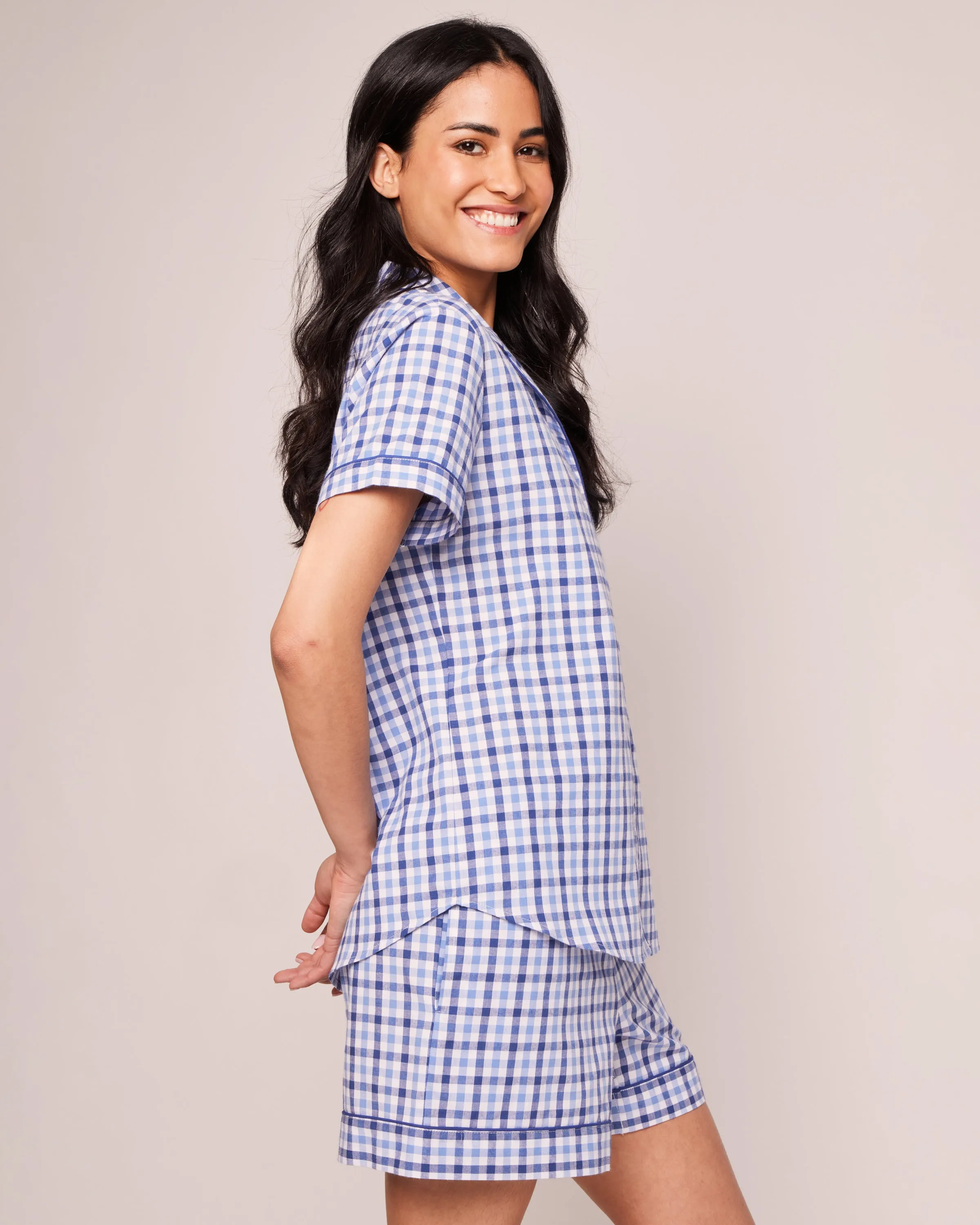 Women's Twill Pajama Short Sleeve Short Set in Royal Blue Gingham sold by Petite Plume product image thumbnail 3