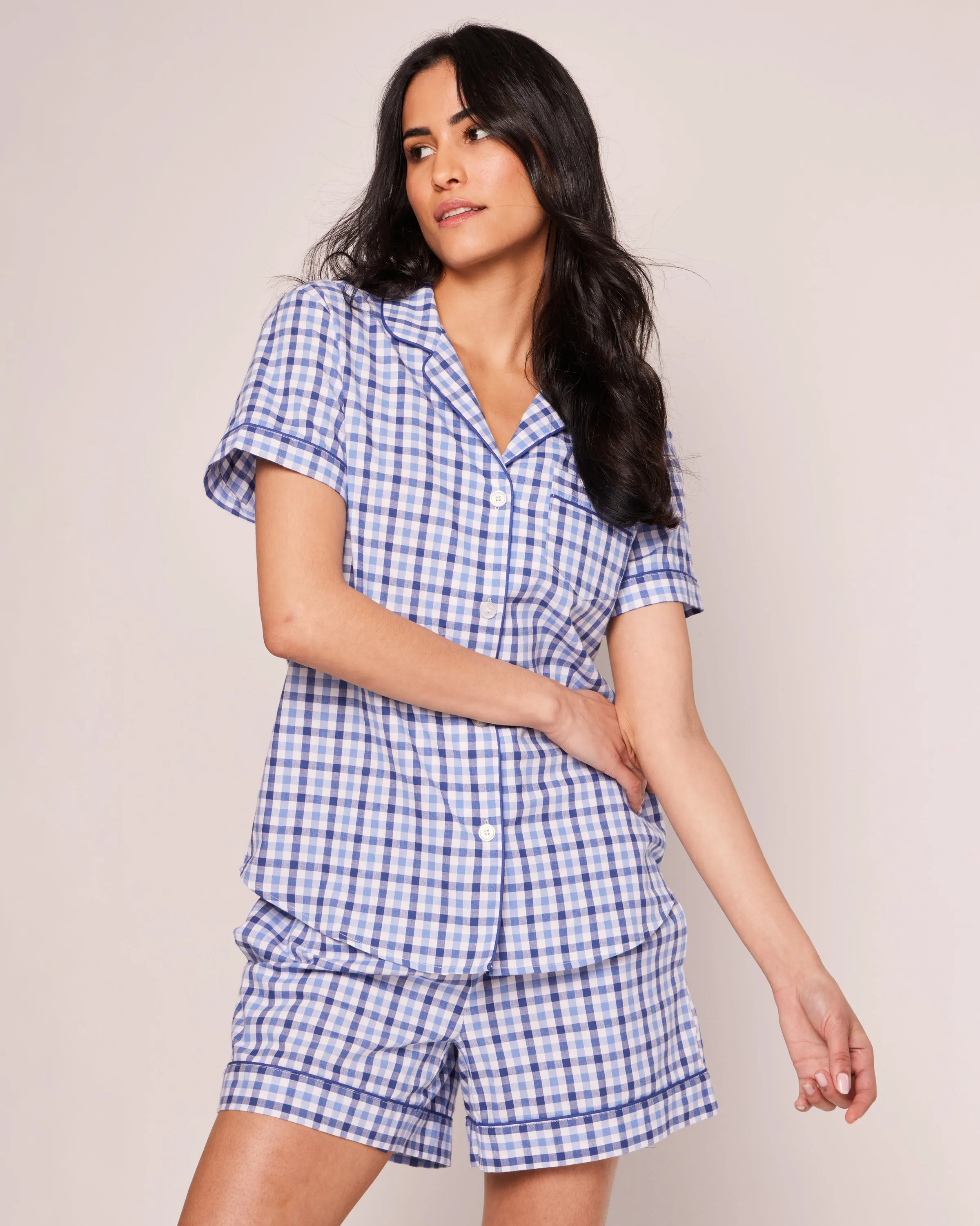 Women's Twill Pajama Short Sleeve Short Set in Royal Blue Gingham sold by Petite Plume product image thumbnail 2