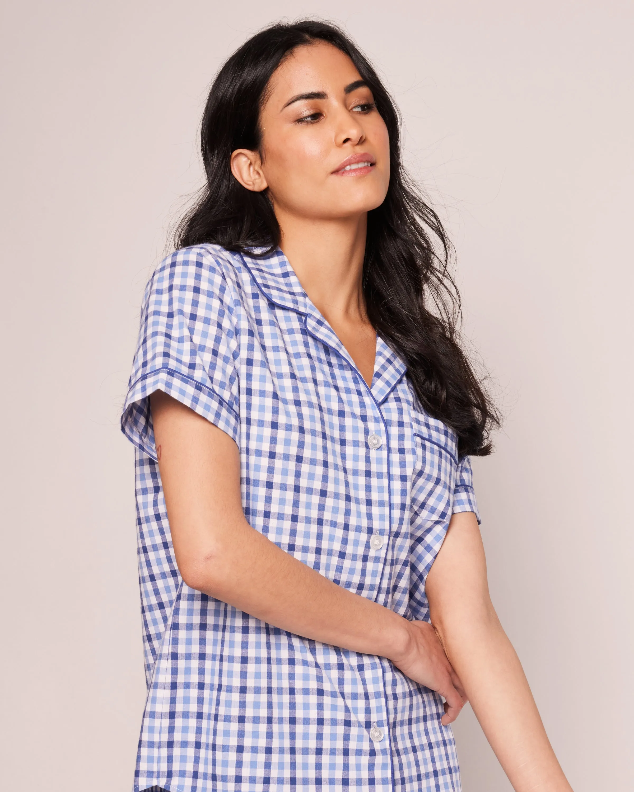 Women's Twill Pajama Short Sleeve Short Set in Royal Blue Gingham sold by Petite Plume product image thumbnail 5