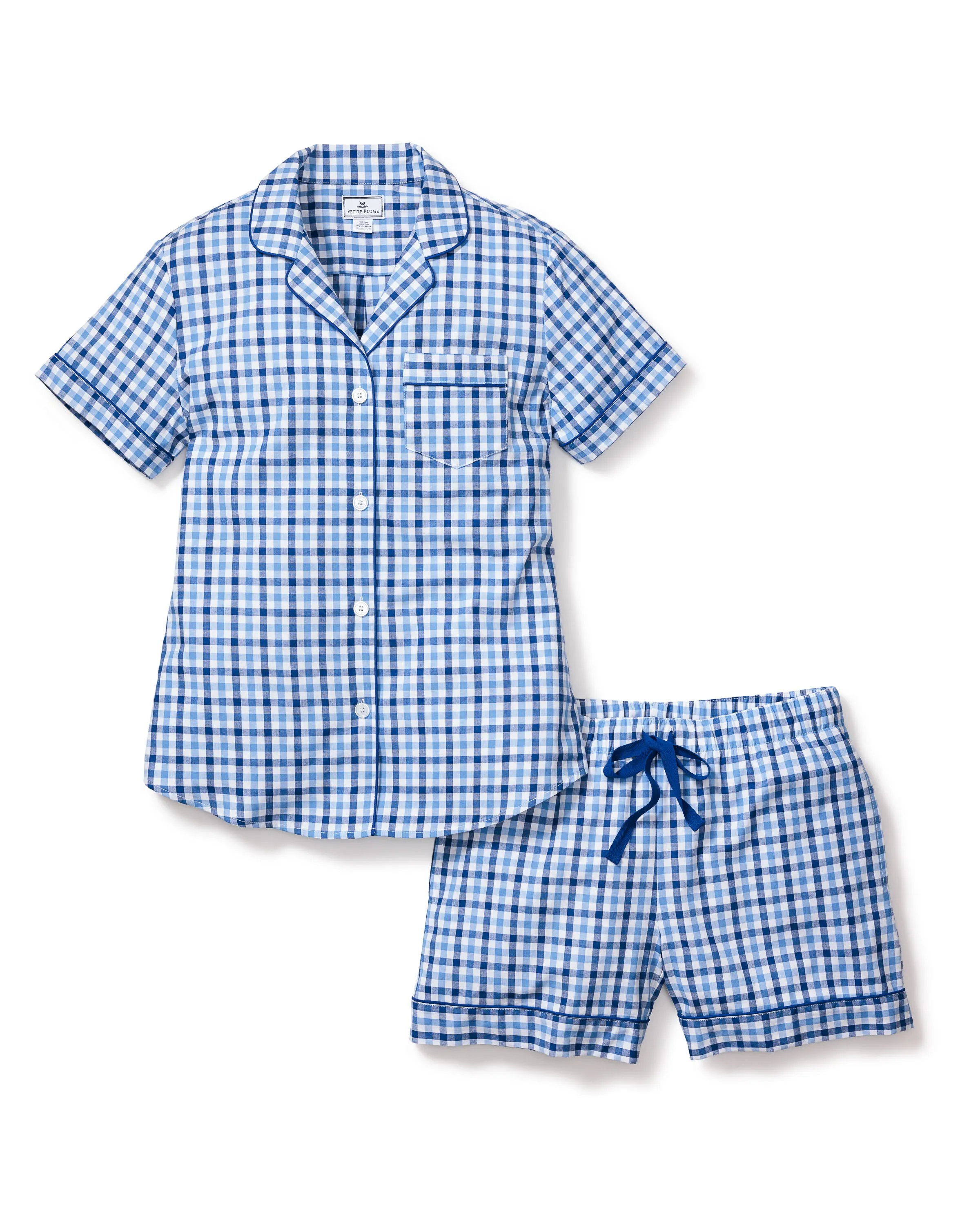 Women's Twill Pajama Short Sleeve Short Set in Royal Blue Gingham sold by Petite Plume