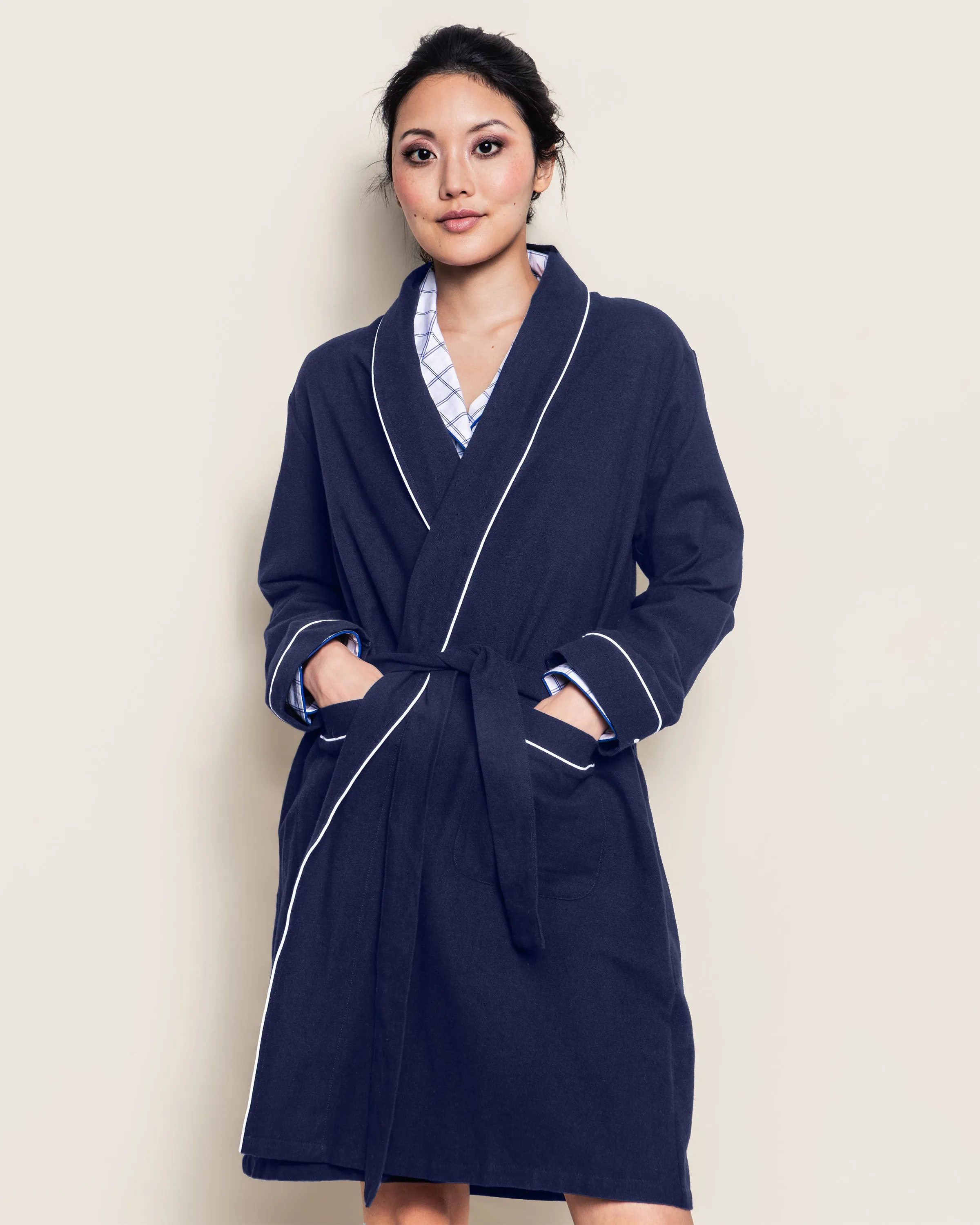 Women's Flannel Robe in Navy sold by Petite Plume product image thumbnail 2