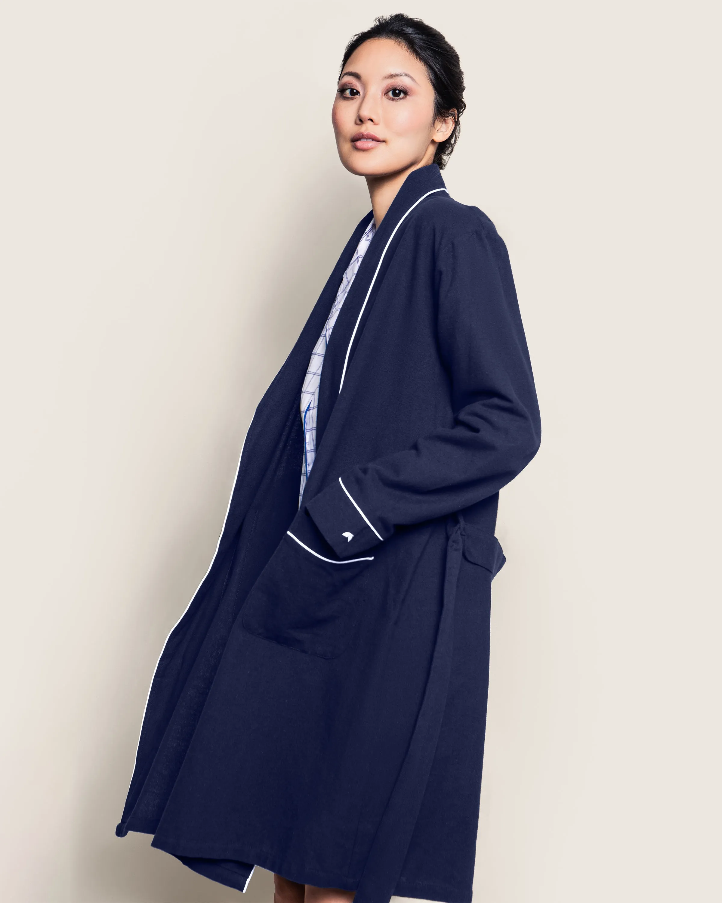 Women's Flannel Robe in Navy sold by Petite Plume product image thumbnail 3